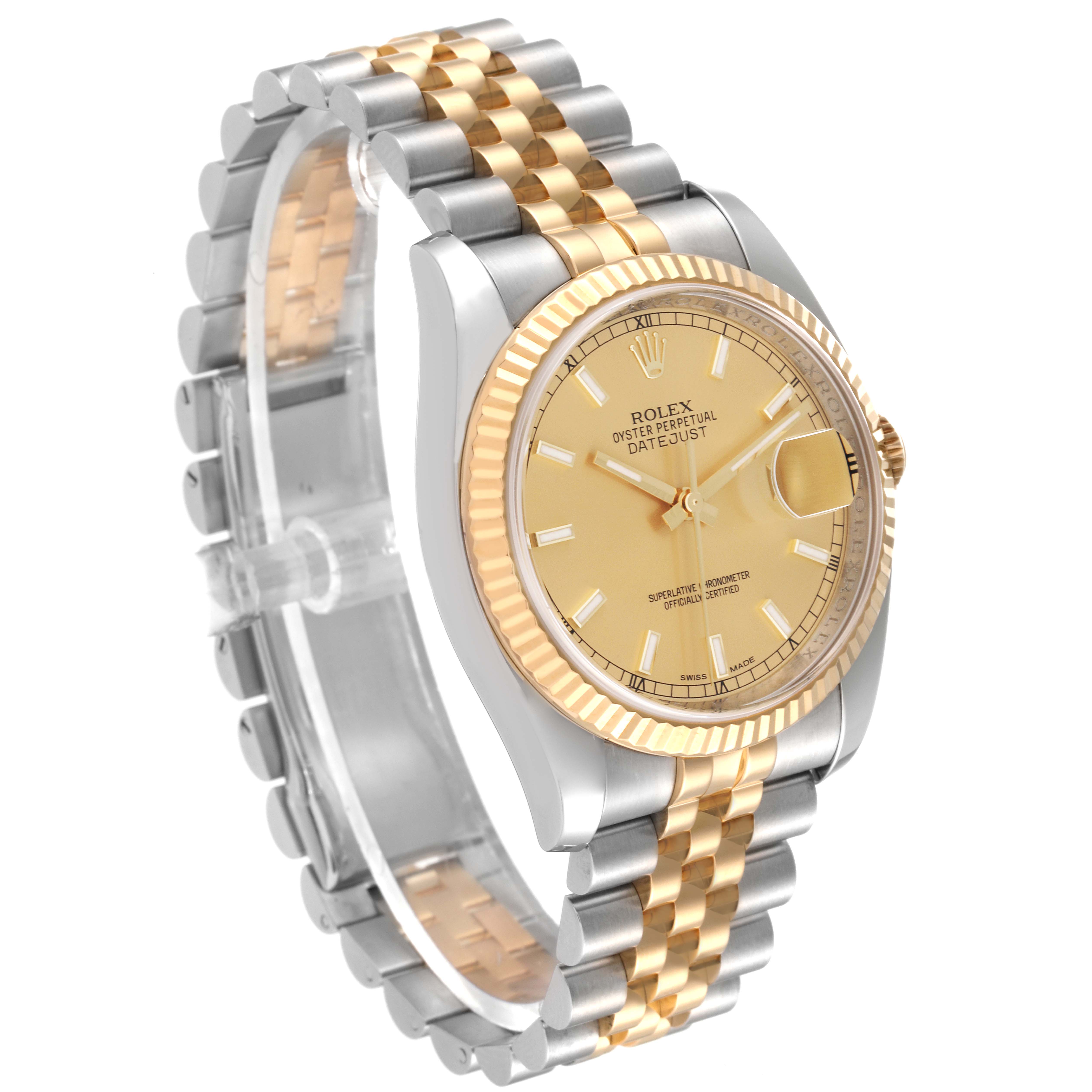 This image shows a Rolex Datejust 116233 Men's Steel and Gold (two tone) Champagne Dial 116233 Men's Steel and Gold (two tone) Champagne Dial watch at a three-quarter angle, highlighting its dial, bezel, and two-tone bracelet.