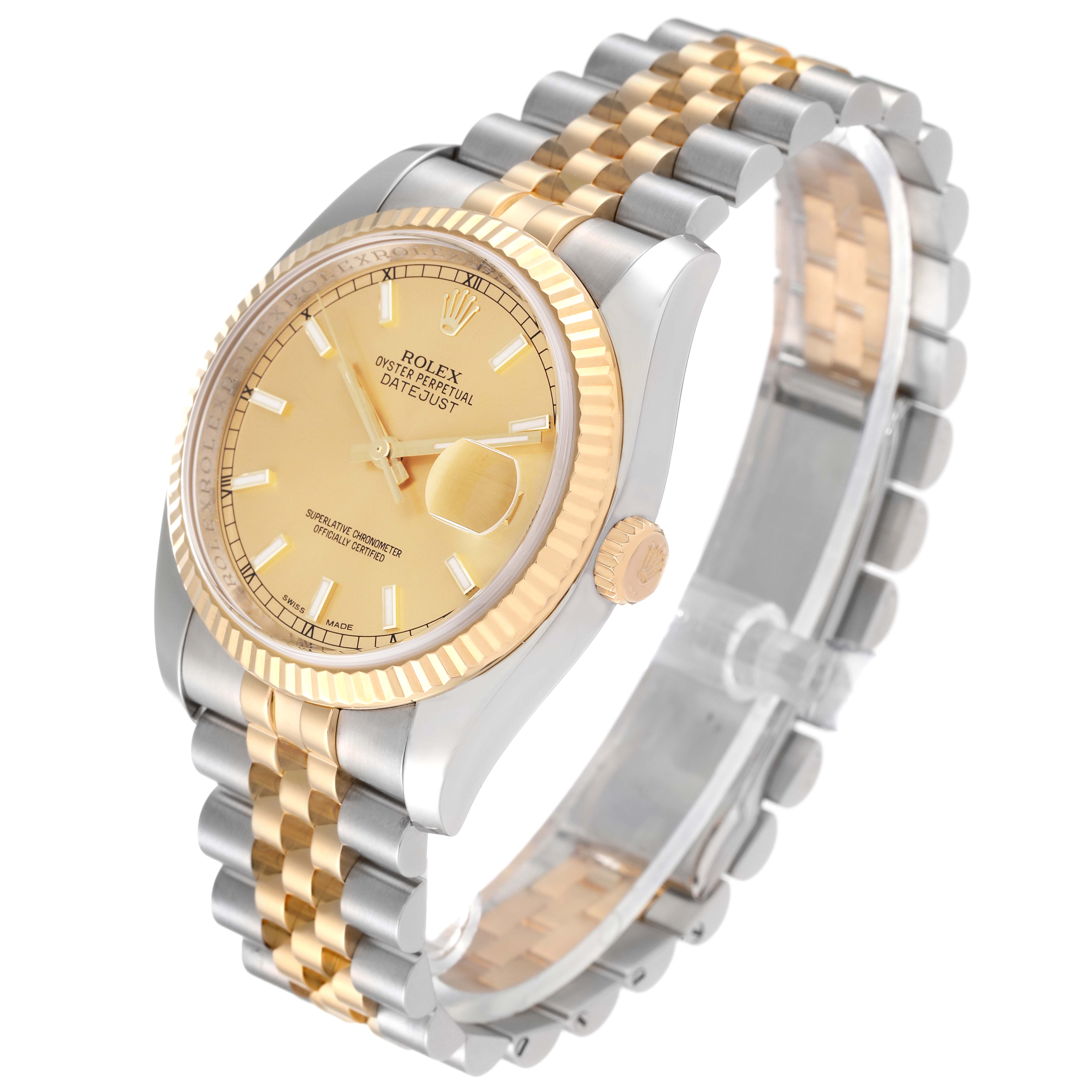 The image shows a Rolex Datejust 116233 Men's Steel and Gold (two tone) Champagne Dial 116233 Men's Steel and Gold (two tone) Champagne Dial model watch at an angle highlighting the dial, fluted bezel, and two-tone bracelet.