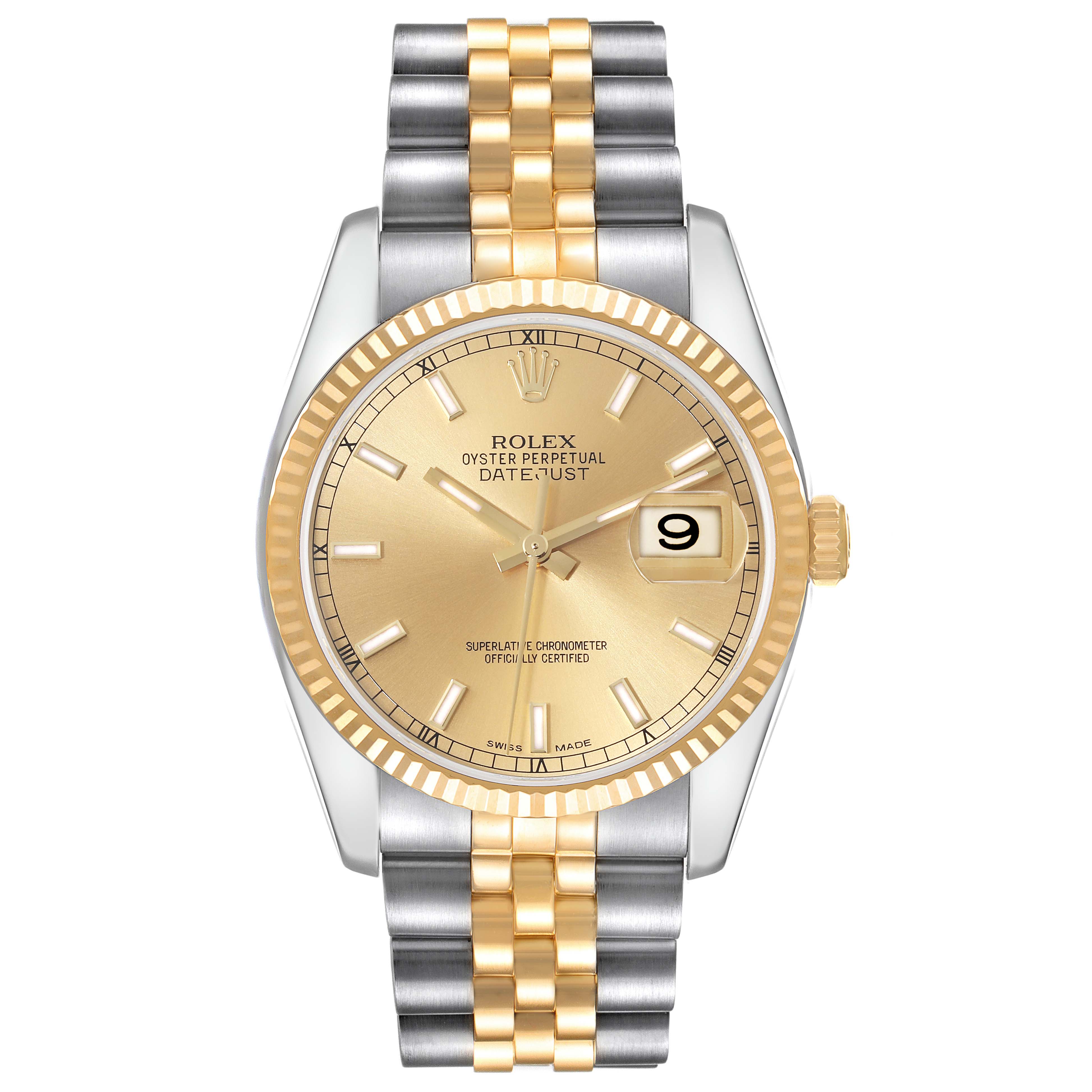 The image shows a front view of the Rolex Datejust 116233 Men's Steel and Gold (two tone) Champagne Dial 116233 Men's Steel and Gold (two tone) Champagne Dial watch, highlighting its gold dial, jubilee bracelet, and fluted bezel.