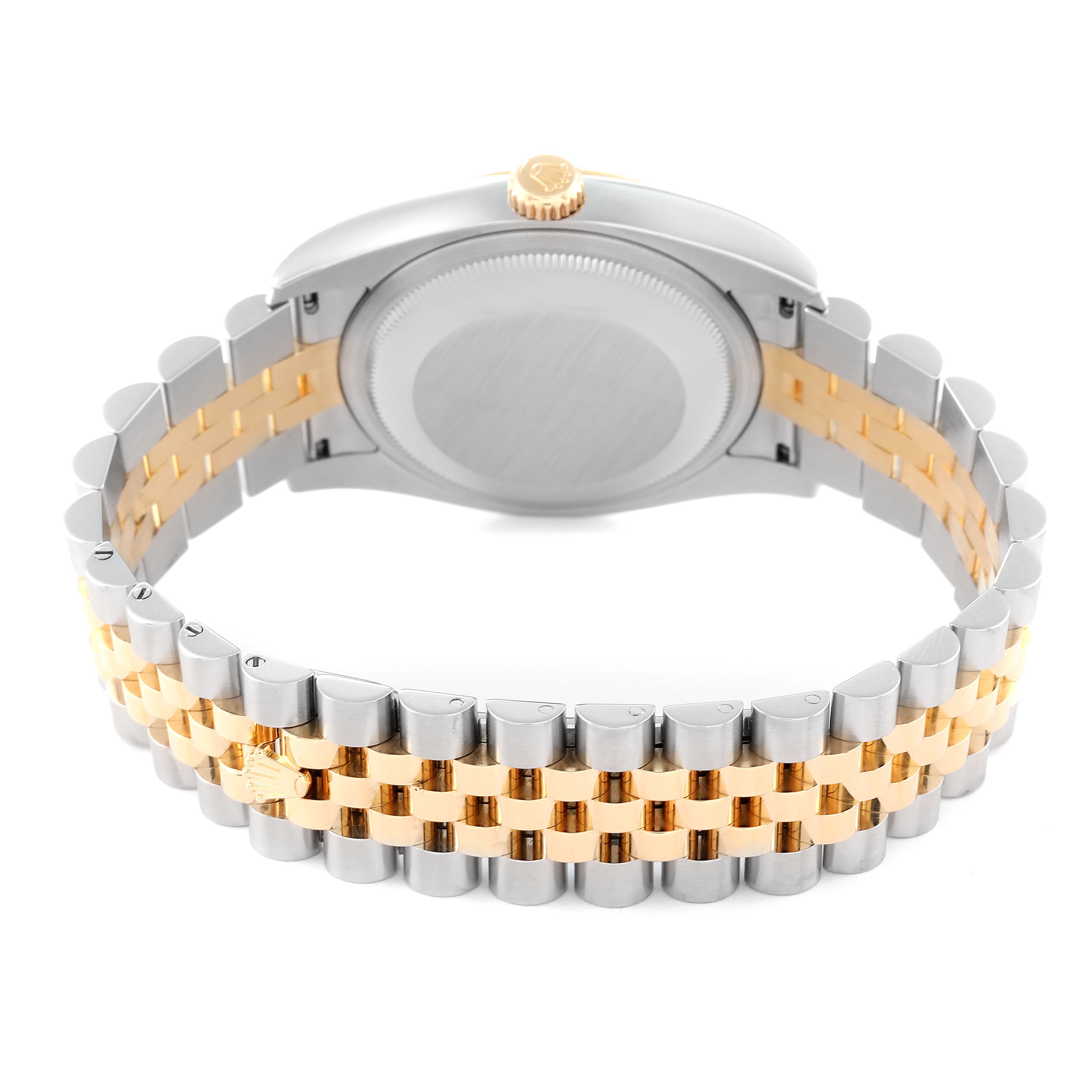 The image shows the back case and bracelet of a Rolex Datejust 116233 Men's Steel and Gold (two tone) Champagne Dial 116233 Men's Steel and Gold (two tone) Champagne Dial watch from a rear angle.