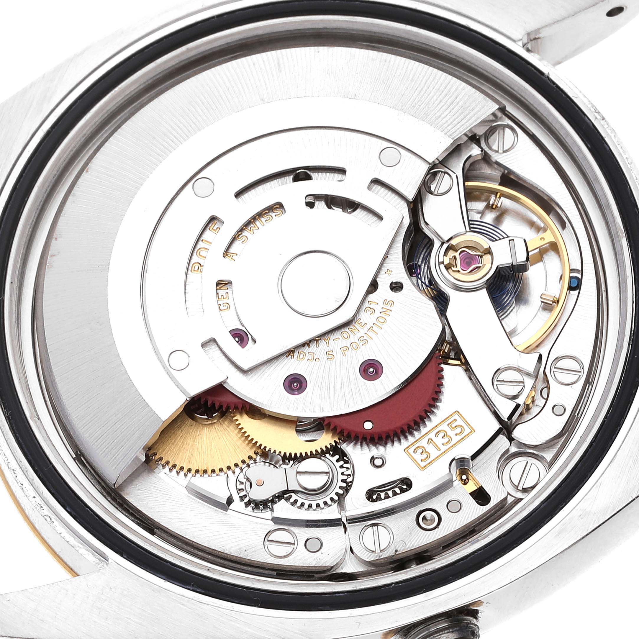 The image shows the internal mechanical movement of a Rolex Datejust 116233 Men's Steel and Gold (two tone) Champagne Dial 116233 Men's Steel and Gold (two tone) Champagne Dial watch, viewed from the back with the case removed.