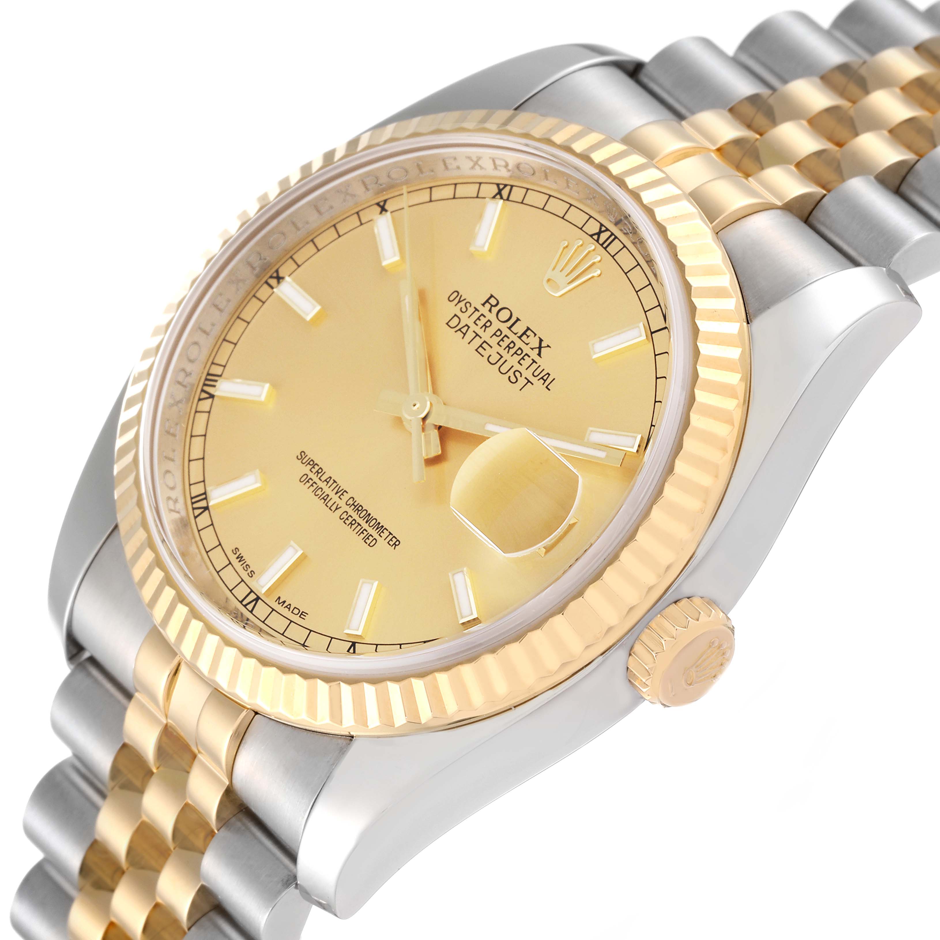 This image shows a close-up angled view of the Rolex Datejust 116233 Men's Steel and Gold (two tone) Champagne Dial 116233 Men's Steel and Gold (two tone) Champagne Dial watch, highlighting the gold dial, fluted bezel, and Jubilee bracelet.