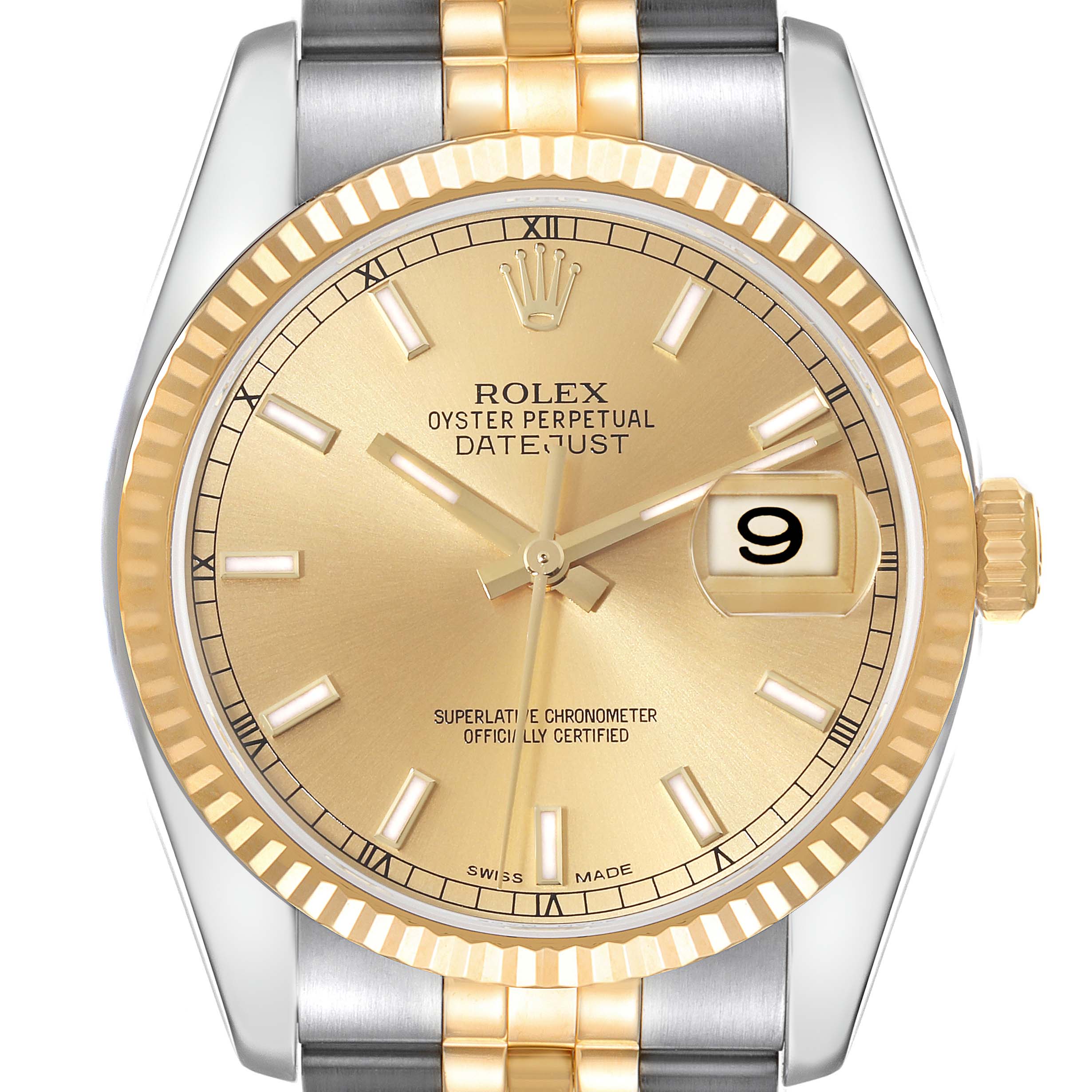 This Rolex Datejust 116233 Men's Steel and Gold (two tone) Champagne Dial 116233 Men's Steel and Gold (two tone) Champagne Dial watch is shown from a front angle displaying the dial and bezel, with part of the metal band visible.