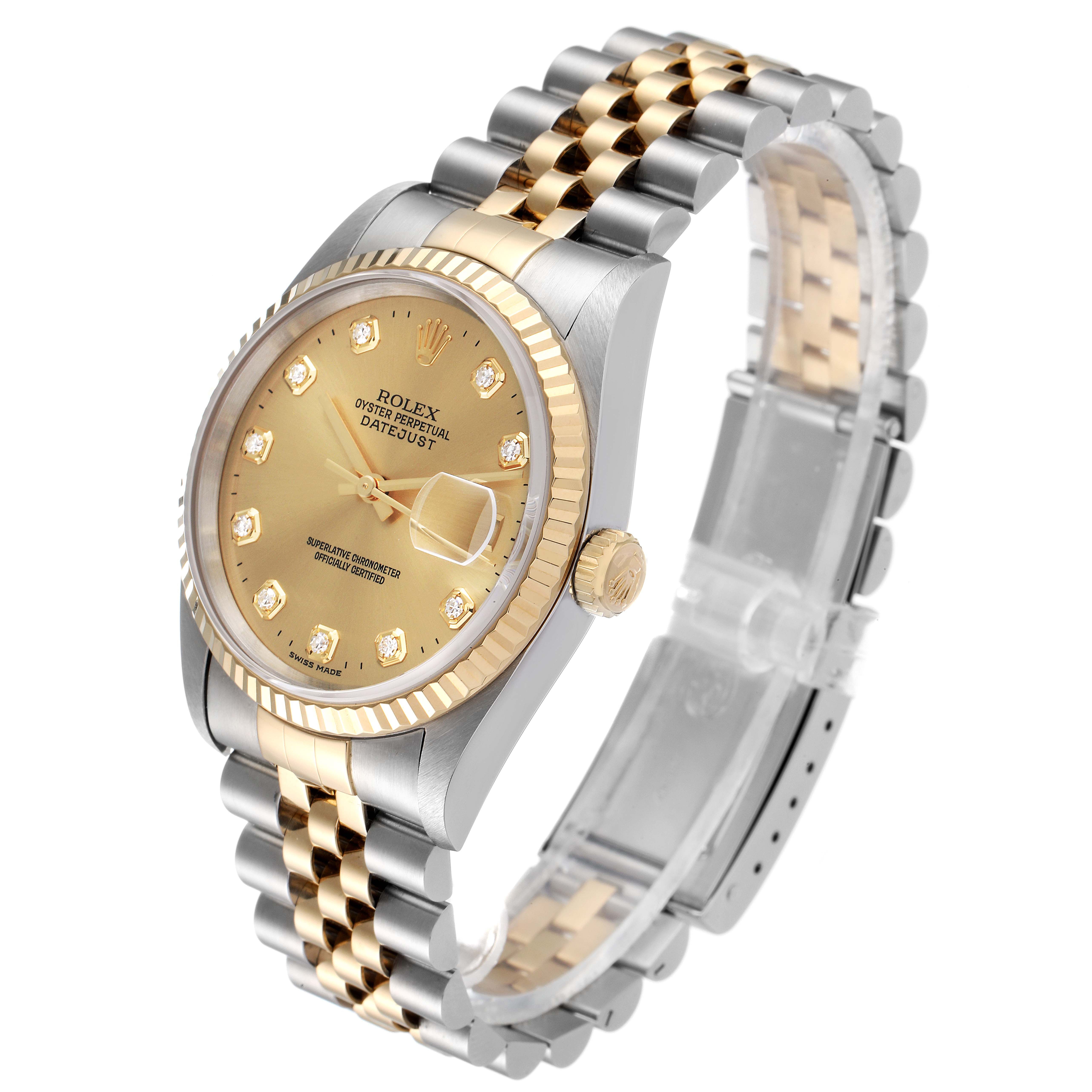 The Rolex Datejust 16233 Men's Steel and Gold (two tone) Champagne Dial 16233 Men's Steel and Gold (two tone) Champagne Dial watch is shown from a three-quarter angle, displaying the dial, bezel, bracelet, and crown.