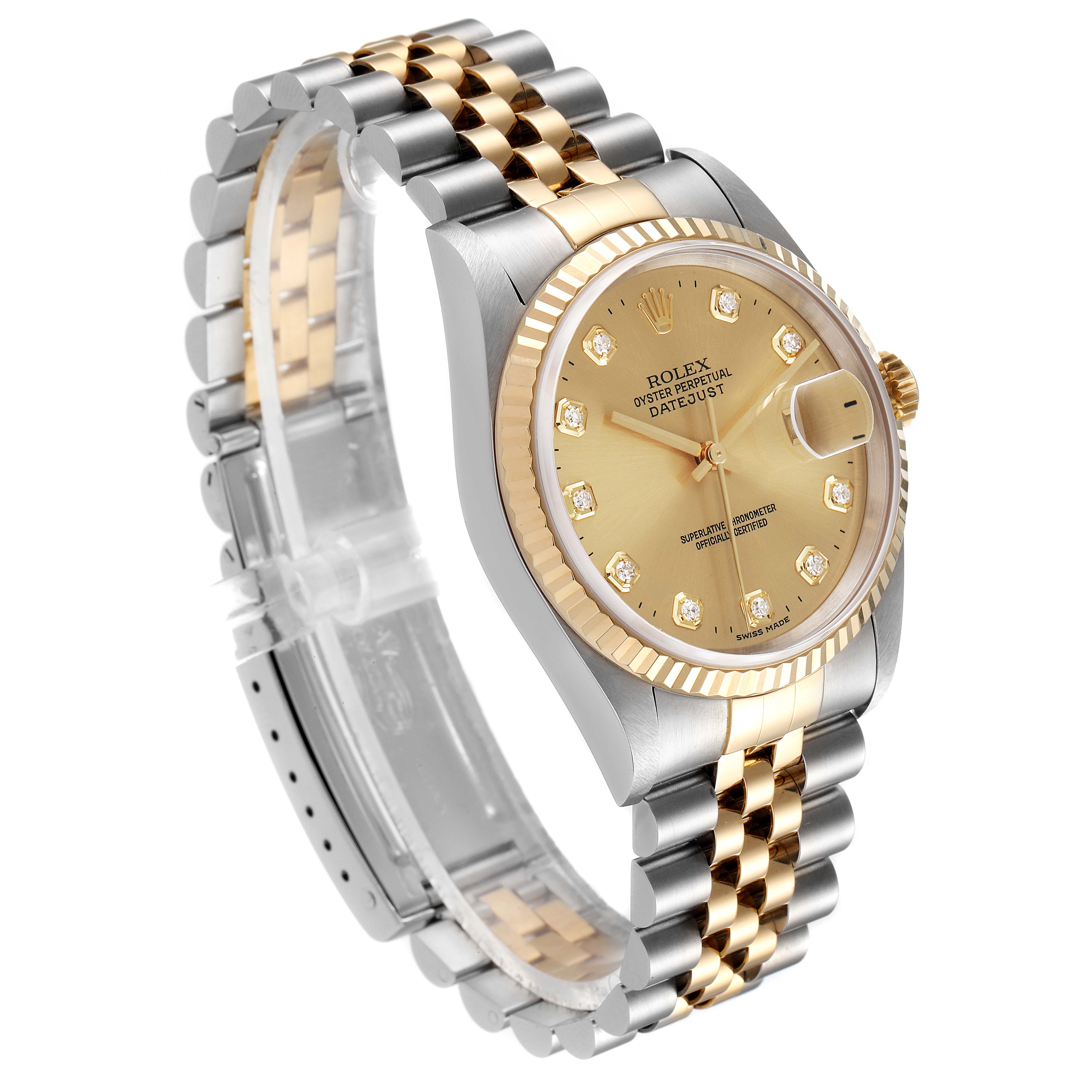 This image shows a Rolex Datejust 16233 Men's Steel and Gold (two tone) Champagne Dial 16233 Men's Steel and Gold (two tone) Champagne Dial watch at a three-quarter angle, highlighting its gold dial, bezel, and two-tone band.
