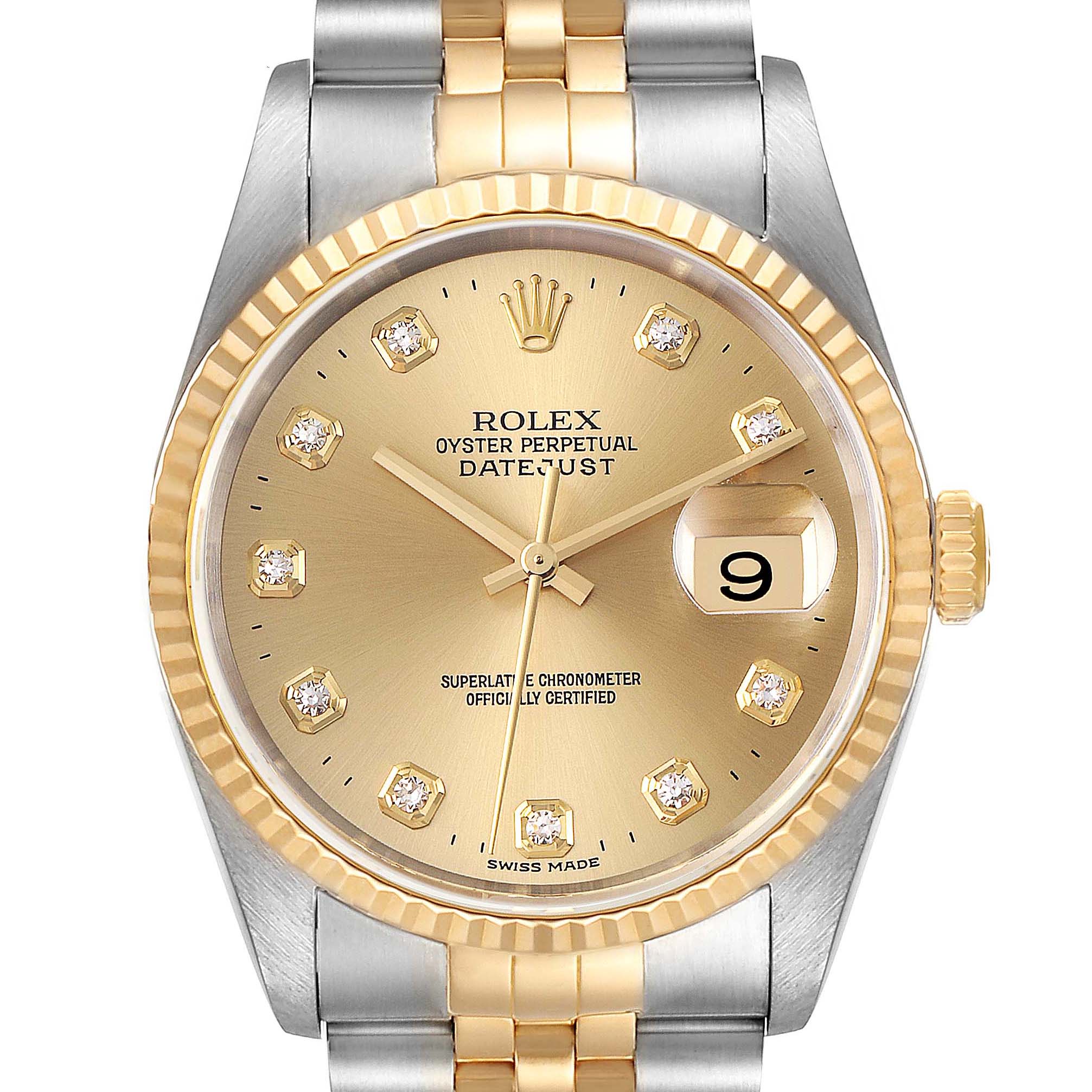 Front view of the Rolex Datejust 16233 Men's Steel and Gold (two tone) Champagne Dial 16233 Men's Steel and Gold (two tone) Champagne Dial watch, showing the face, hands, number markers, date window, and part of the bracelet.