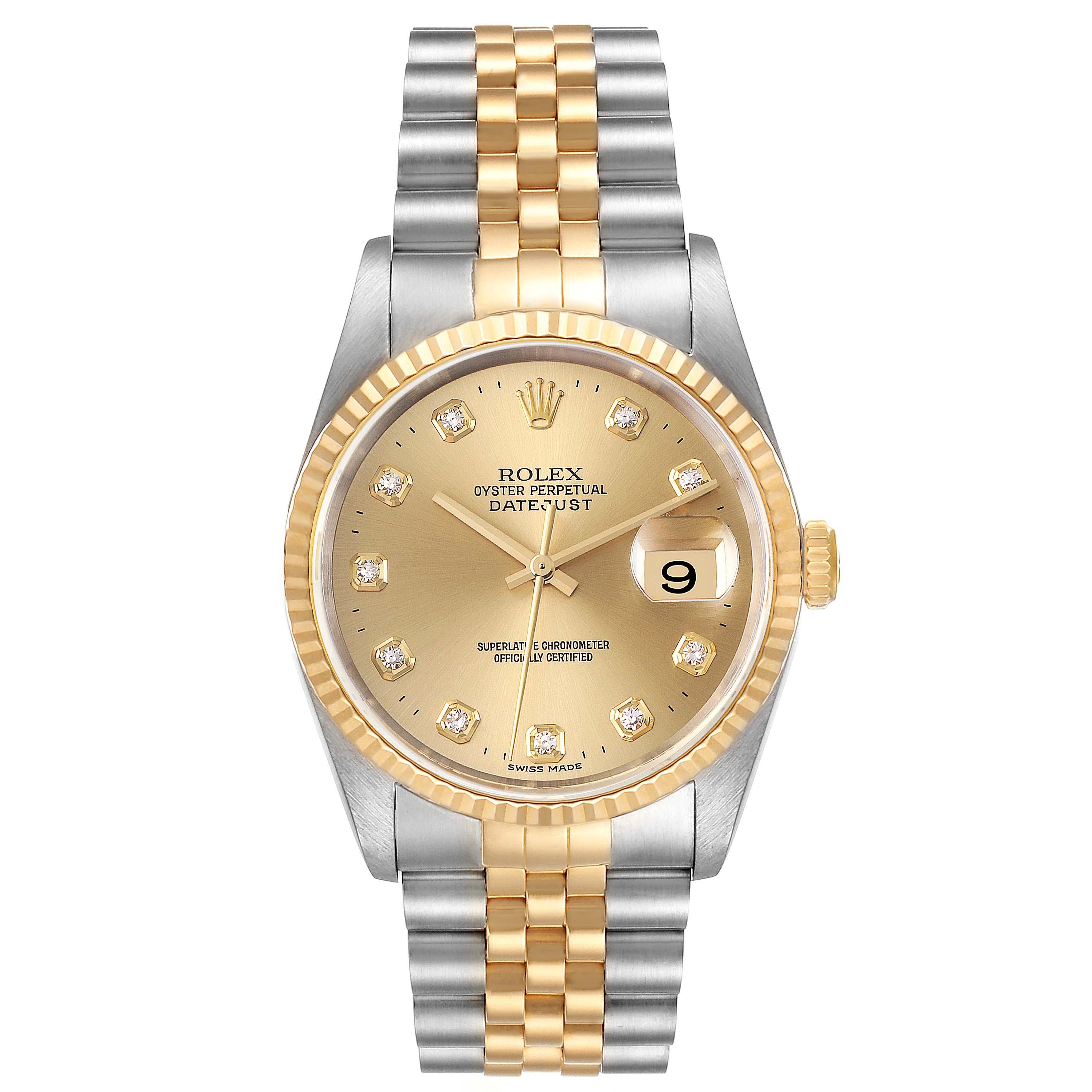 The Rolex Datejust 16233 Men's Steel and Gold (two tone) Champagne Dial 16233 Men's Steel and Gold (two tone) Champagne Dial watch is shown from the front, displaying its gold bezel, face, and two-tone metal bracelet.