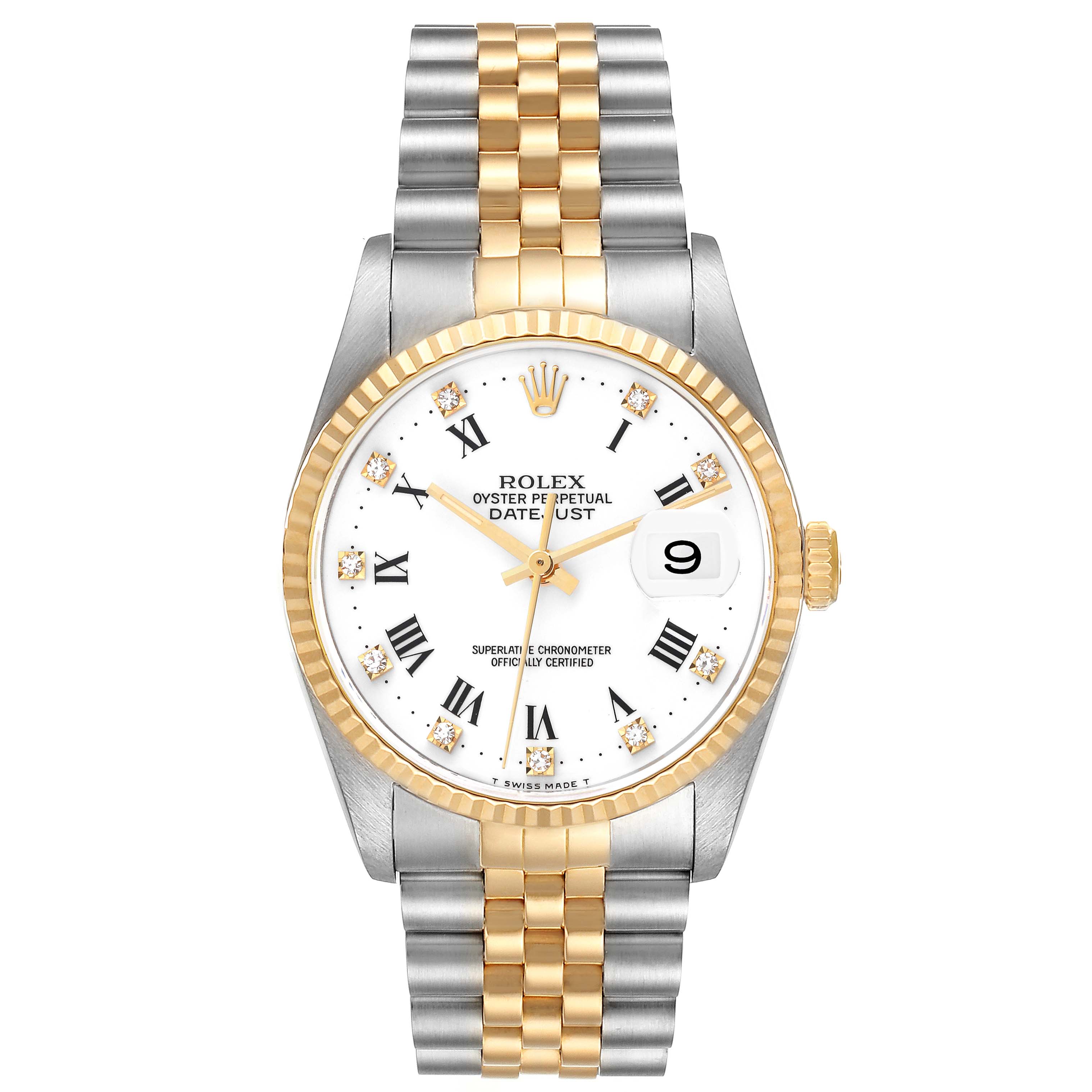 The image shows a front view of a Rolex Datejust 16233 Men's Steel and Gold (two tone) White Dial 16233 Men's Steel and Gold (two tone) White Dial watch with a two-tone bracelet and a white dial.