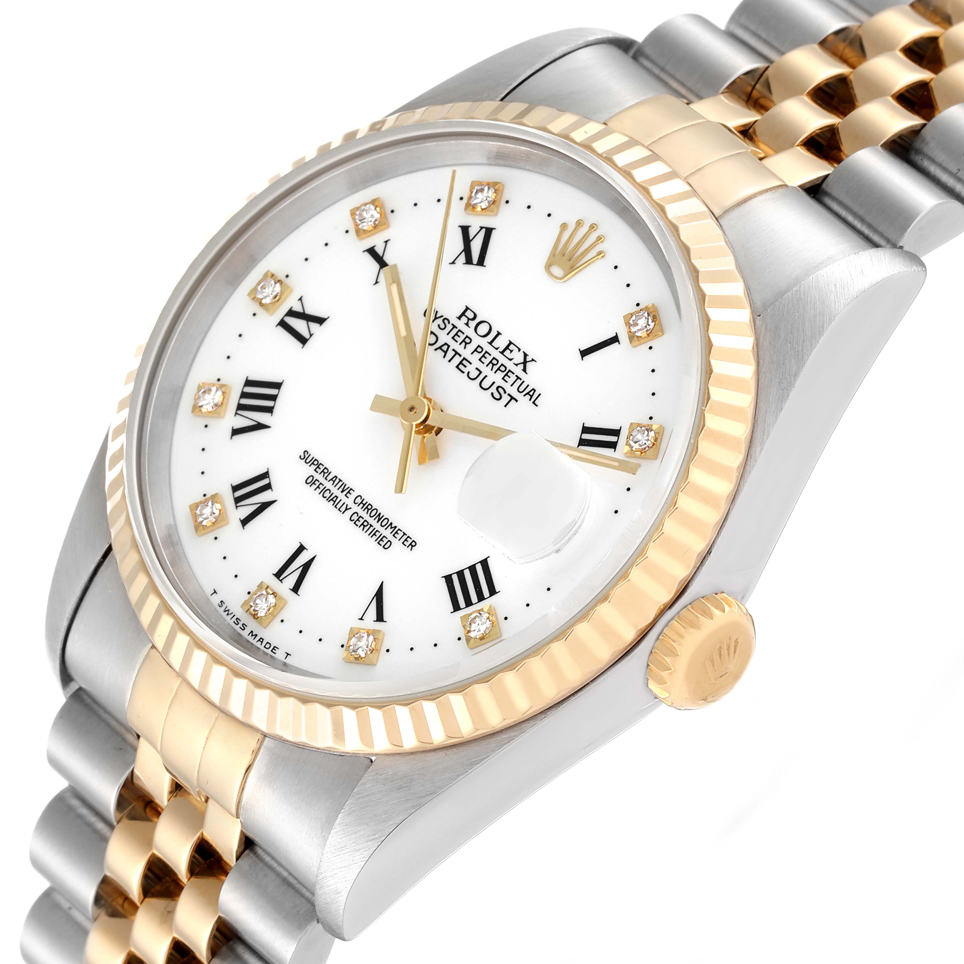 The image shows a close-up angle of a Rolex Datejust 16233 Men's Steel and Gold (two tone) White Dial 16233 Men's Steel and Gold (two tone) White Dial watch, focusing on its face, bezel, and bracelet.