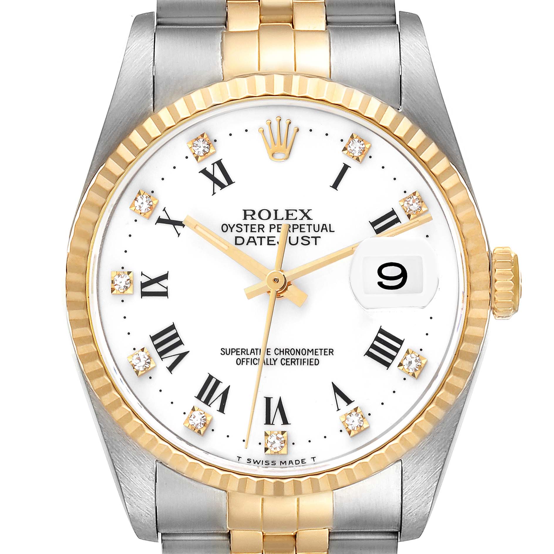 This Rolex Datejust 16233 Men's Steel and Gold (two tone) White Dial 16233 Men's Steel and Gold (two tone) White Dial model is shown from the front, displaying its white dial, date window, and two-tone bracelet.