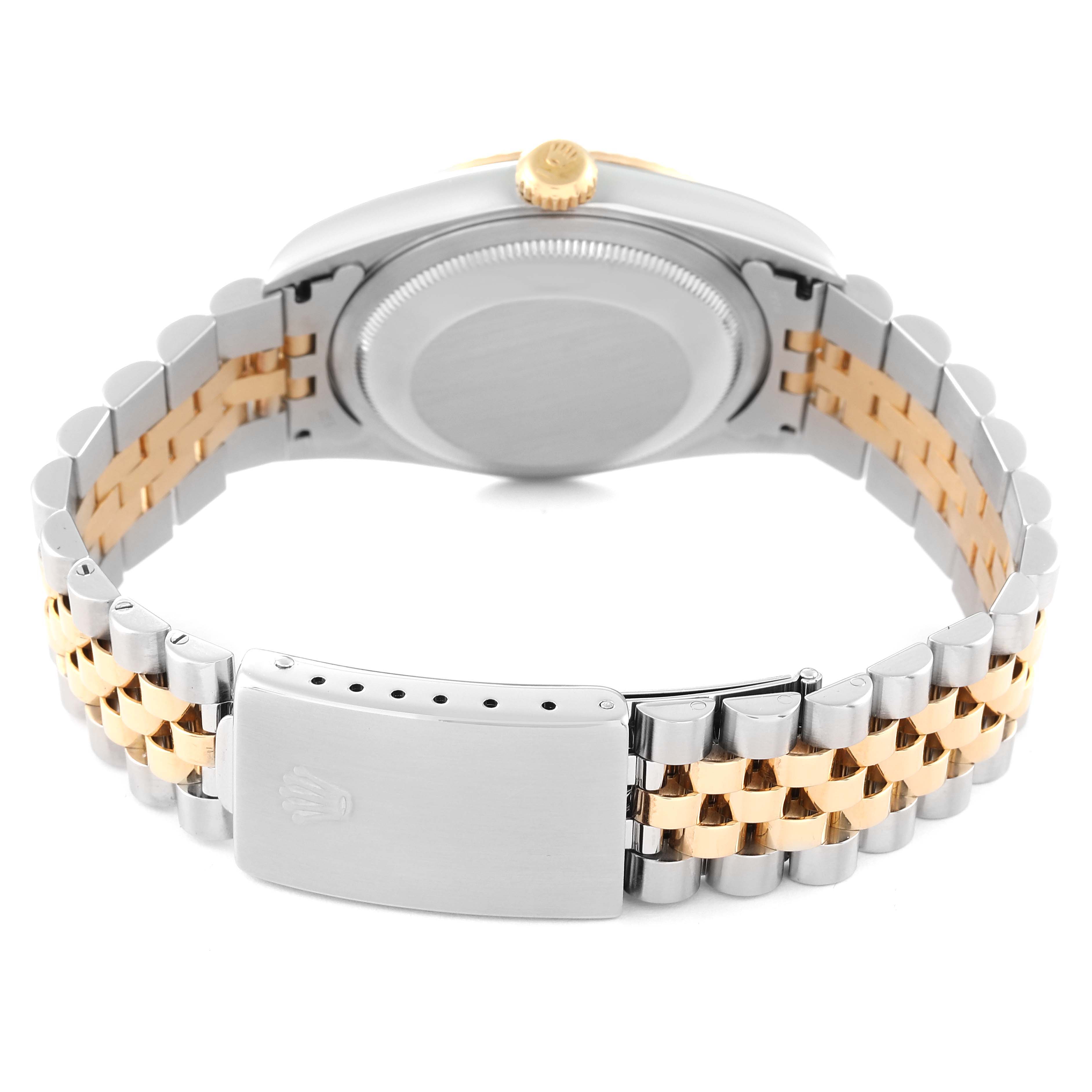 This image shows the back of the Rolex Datejust 16233 Men's Steel and Gold (two tone) White Dial 16233 Men's Steel and Gold (two tone) White Dial watch, focusing on the clasp, bracelet, and case back.