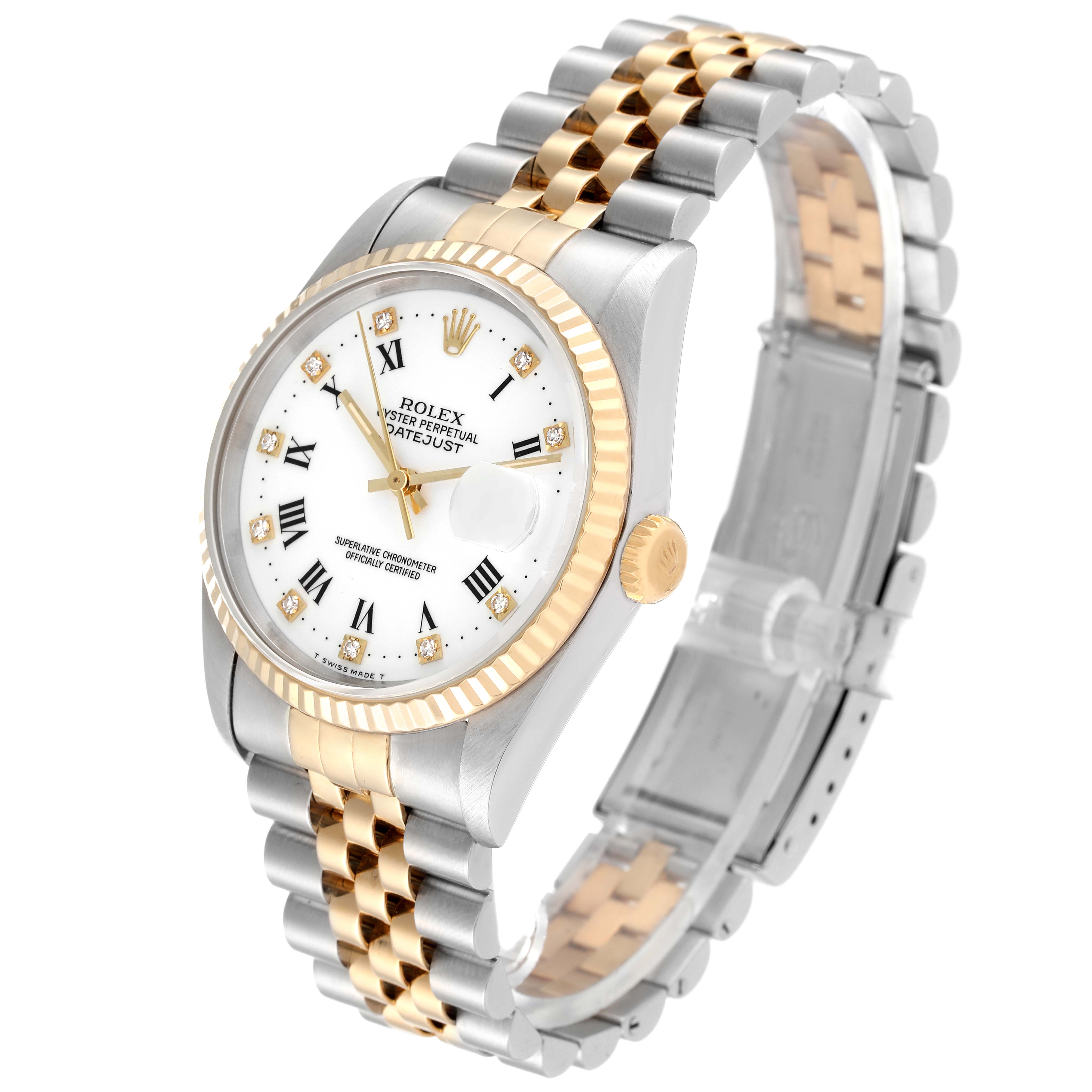 The Rolex Datejust 16233 Men's Steel and Gold (two tone) White Dial 16233 Men's Steel and Gold (two tone) White Dial watch is shown at a slight angle, highlighting its face, bezel, crown, and two-tone bracelet.