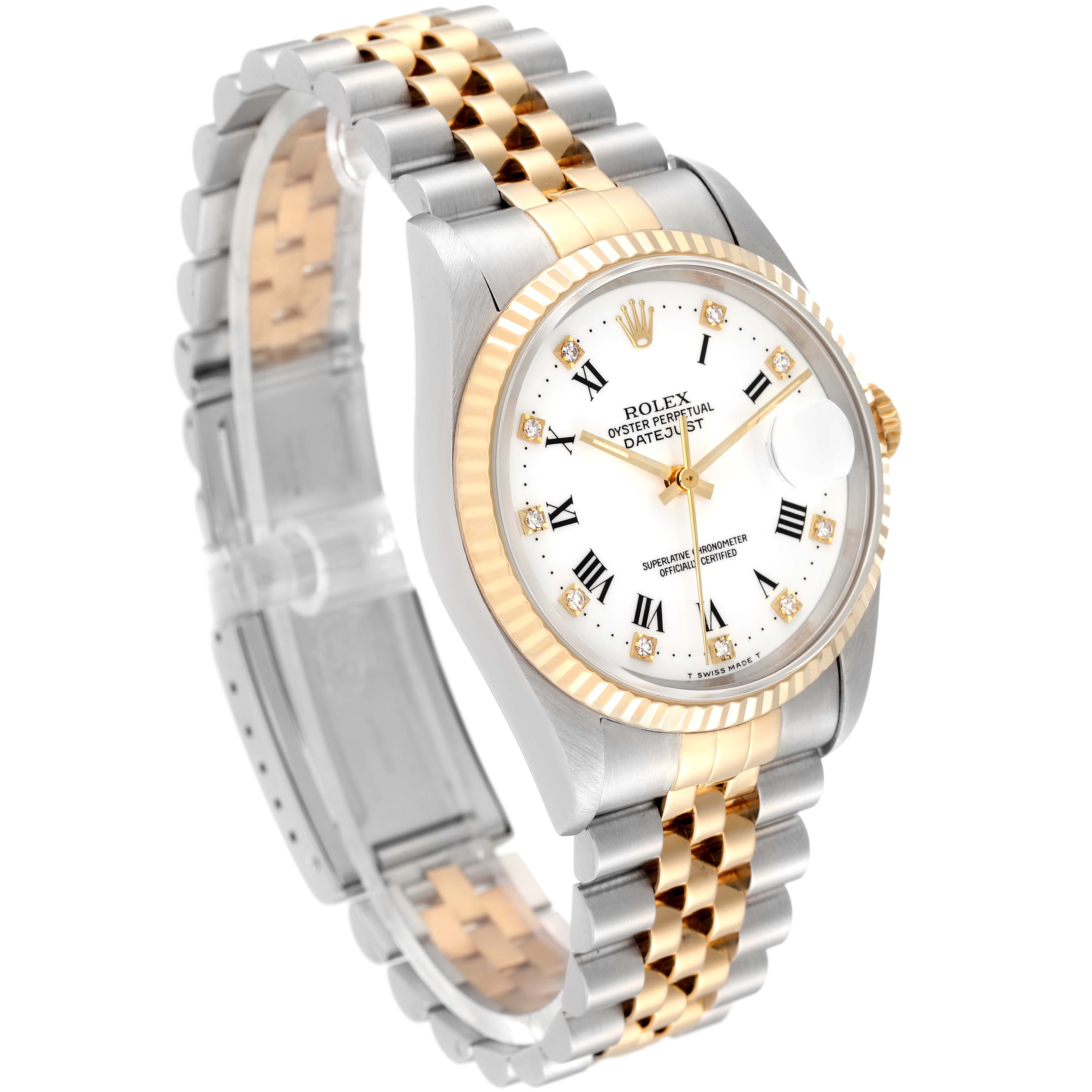 This is a Rolex Datejust 16233 Men's Steel and Gold (two tone) White Dial 16233 Men's Steel and Gold (two tone) White Dial watch shown at an angle highlighting the face, dial, bezel, and two-tone bracelet.