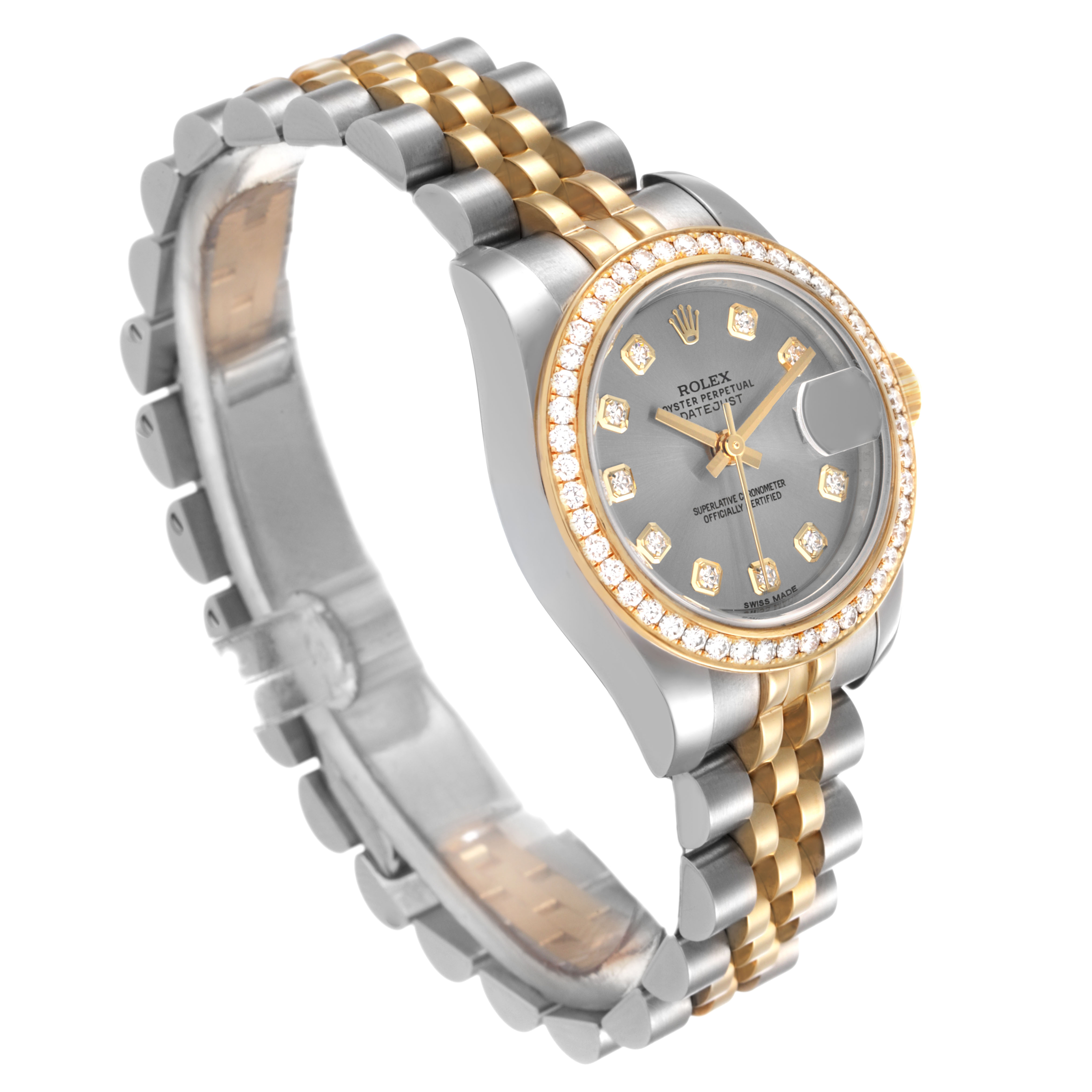 The Rolex Datejust 179383 Women's Steel and Gold (two tone) Grey Dial watch is shown at a three-quarter angle, displaying its gold and silver bracelet, diamond bezel, and face.