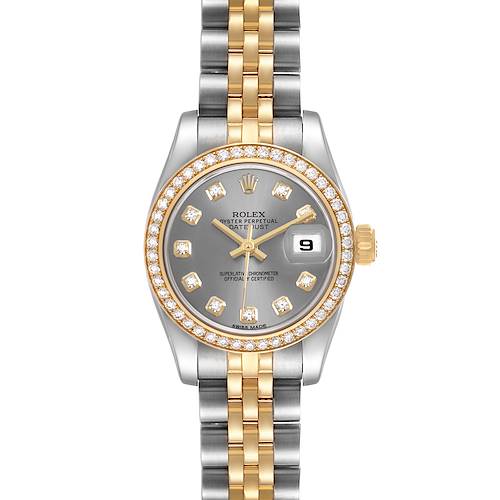 The Rolex Datejust 179383 Women's Steel and Gold (two tone) Grey Dial watch is shown from the front, highlighting the dial, bezel, bracelet, and date indicator.