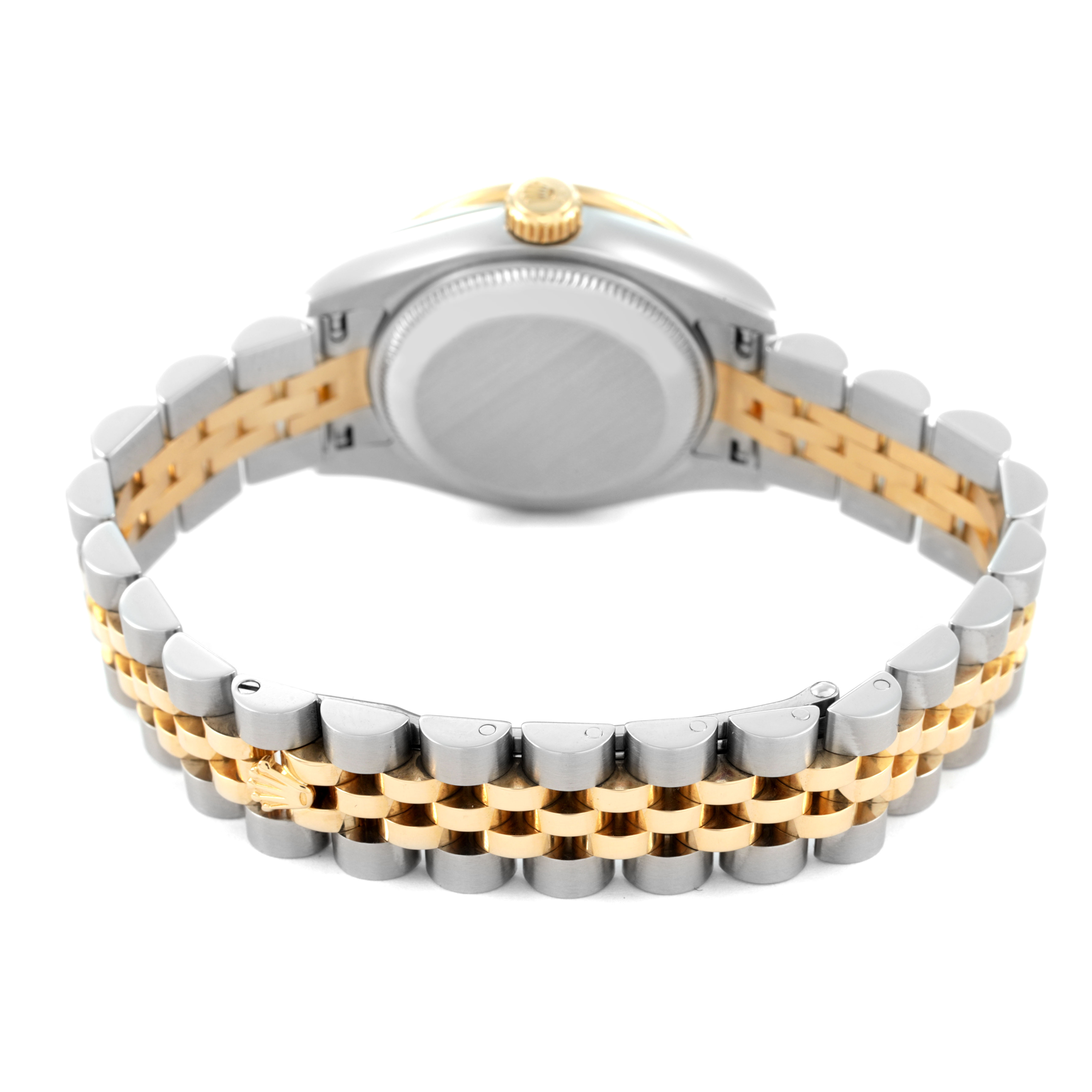 The image shows the back of a Rolex Datejust 179383 Women's Steel and Gold (two tone) Grey Dial watch, displaying the case back and a two-tone bracelet with a clasp.