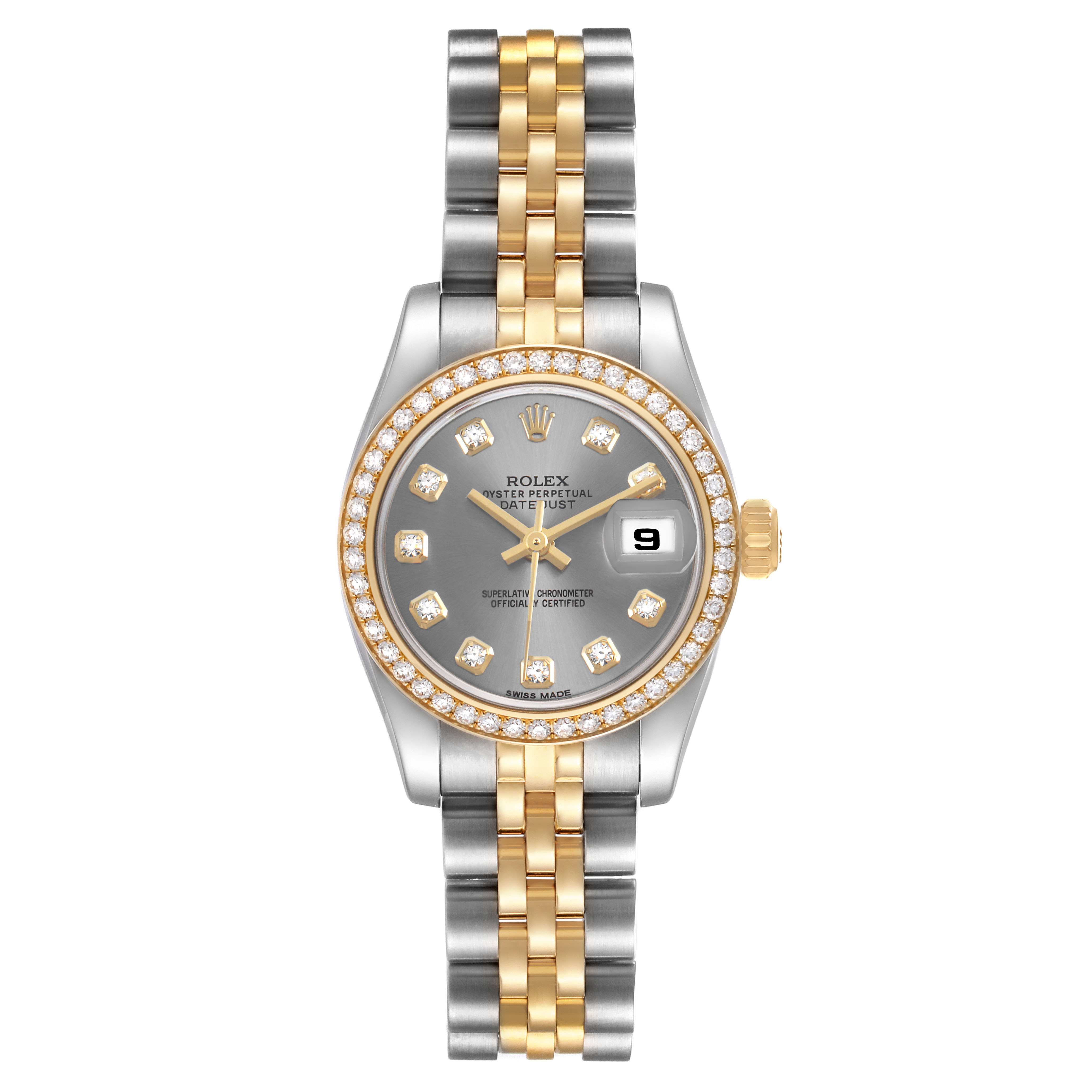 The image shows a front view of a Rolex Datejust 179383 Women's Steel and Gold (two tone) Grey Dial, highlighting the dial, bezel, and bracelet.