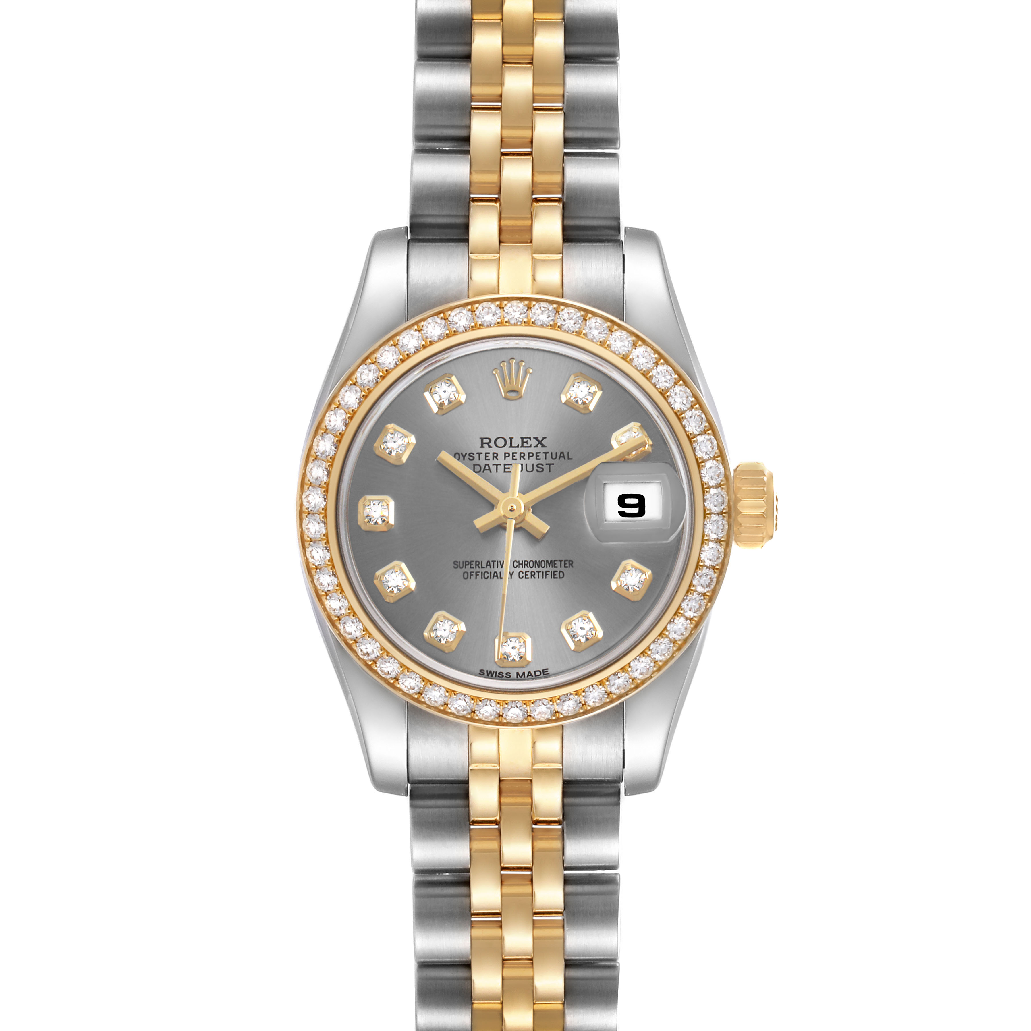 The Rolex Datejust 179383 Women's Steel and Gold (two tone) Grey Dial watch is shown from a top-down angle, displaying the dial, bezel, and bracelet.