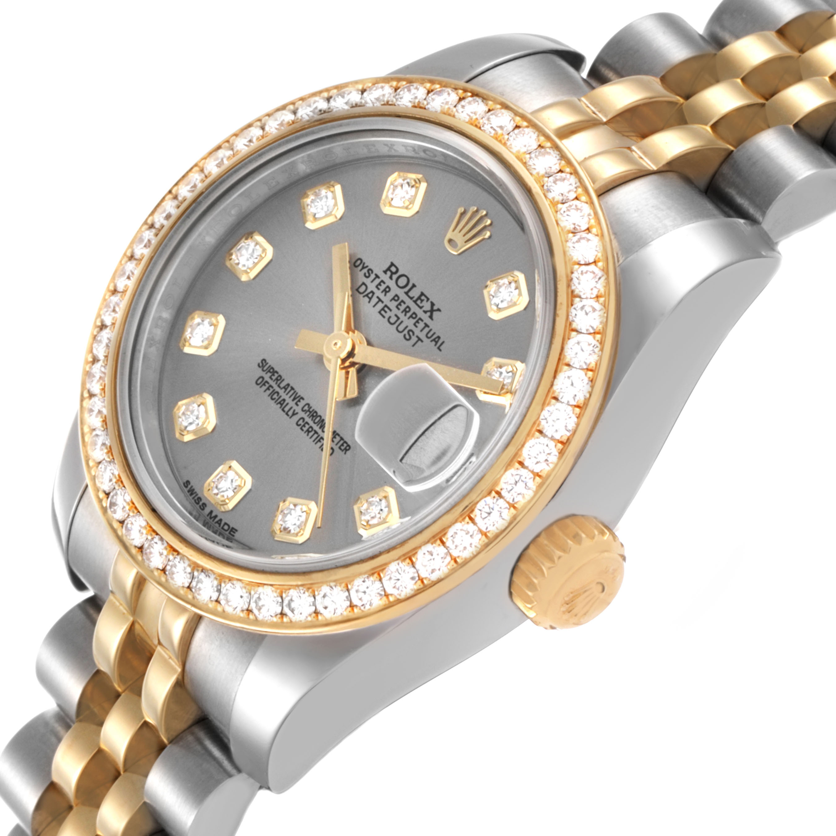 The Rolex Datejust 179383 Women's Steel and Gold (two tone) Grey Dial watch is shown at a slight angle, highlighting the dial, bezel, and part of the bracelet.