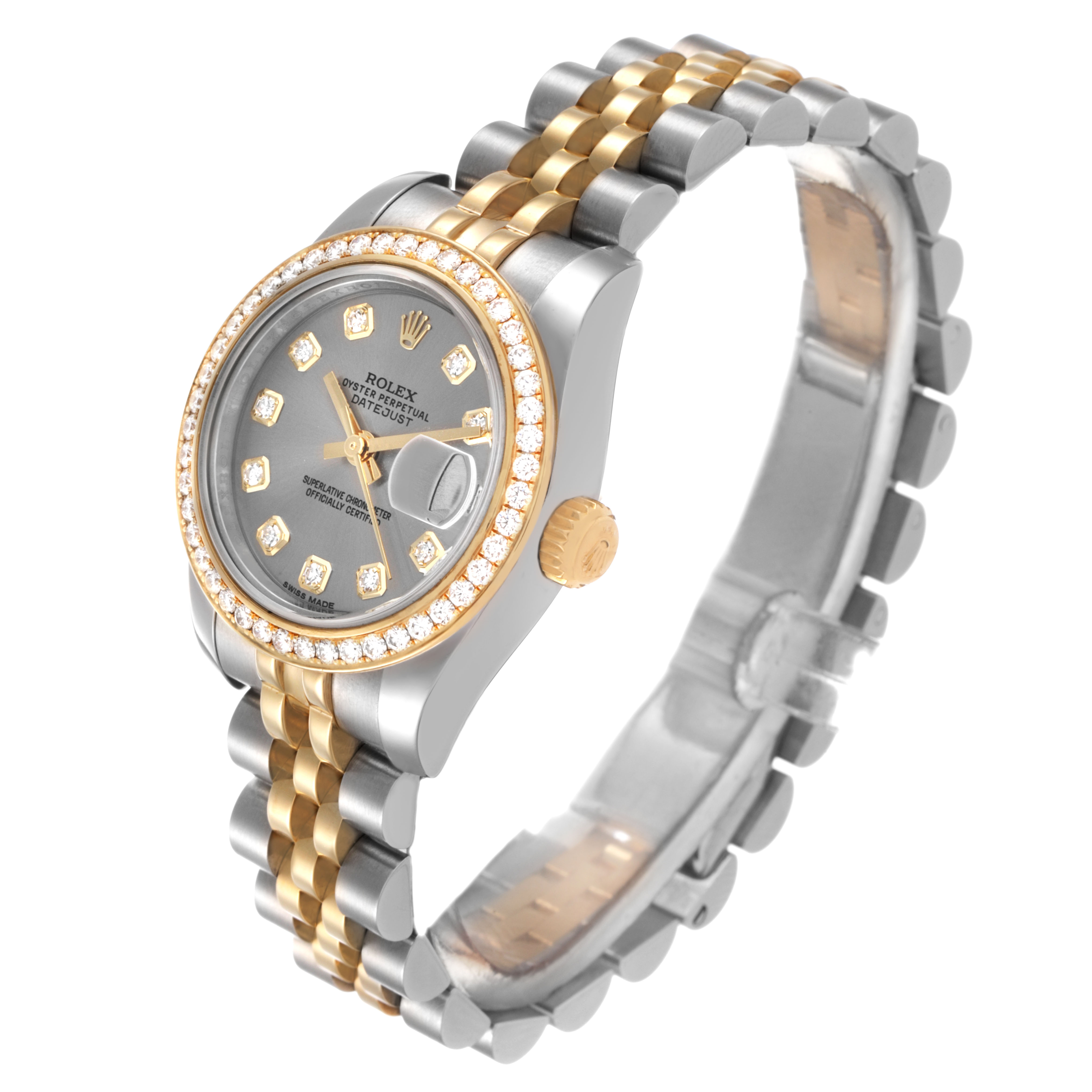 The Rolex Datejust 179383 Women's Steel and Gold (two tone) Grey Dial watch is shown at a slight angle, displaying the face, bracelet, bezel, and crown.