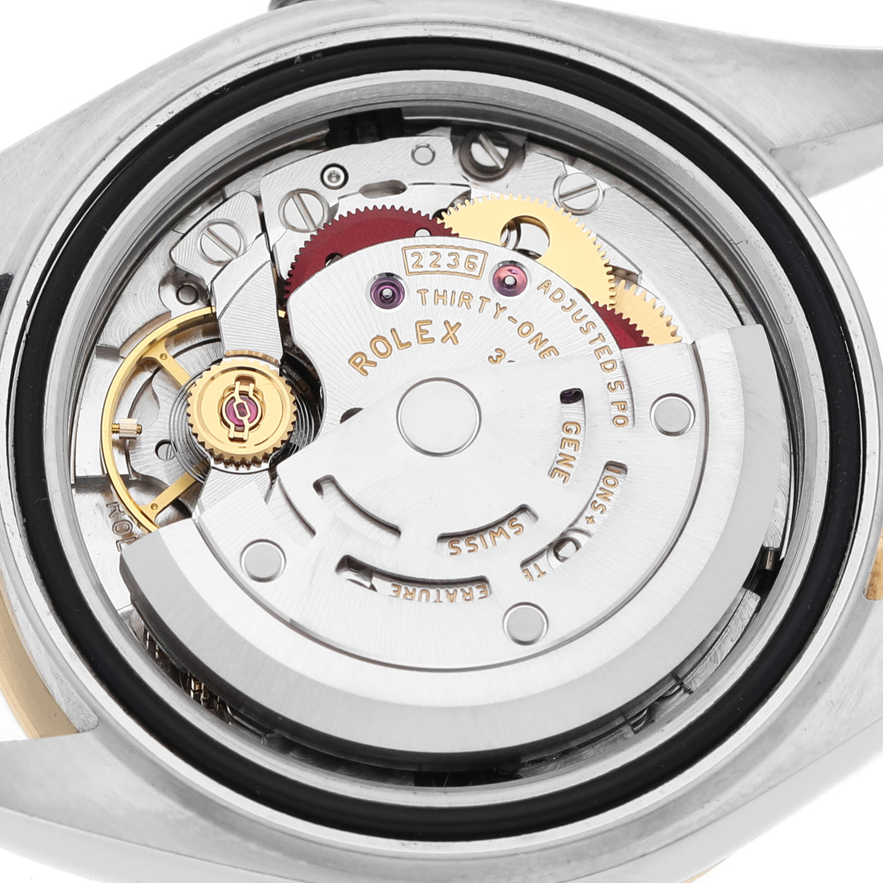 The image shows the movement of a Rolex Datejust 279163 Women's Steel and Gold (two tone) Green Dial watch from a top-down angle, highlighting gears and components.