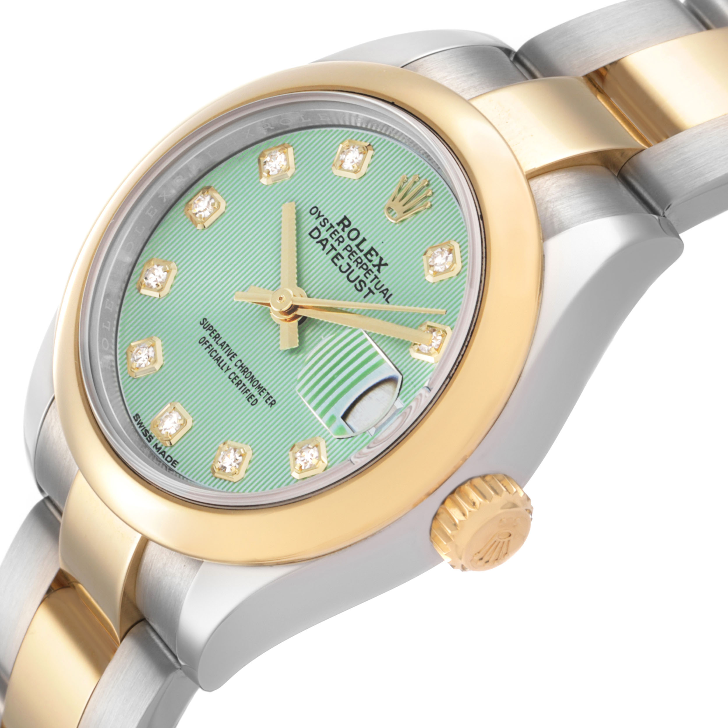 The Rolex Datejust 279163 Women's Steel and Gold (two tone) Green Dial watch is shown at an angle highlighting the face, bezel, crown, and part of the bracelet.