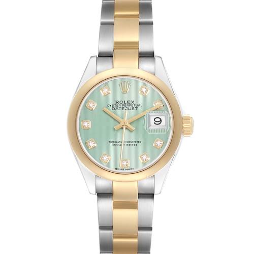 The Rolex Datejust 279163 Women's Steel and Gold (two tone) Green Dial watch is shown from a front angle, highlighting the face, bezel, markers, and two-tone bracelet.