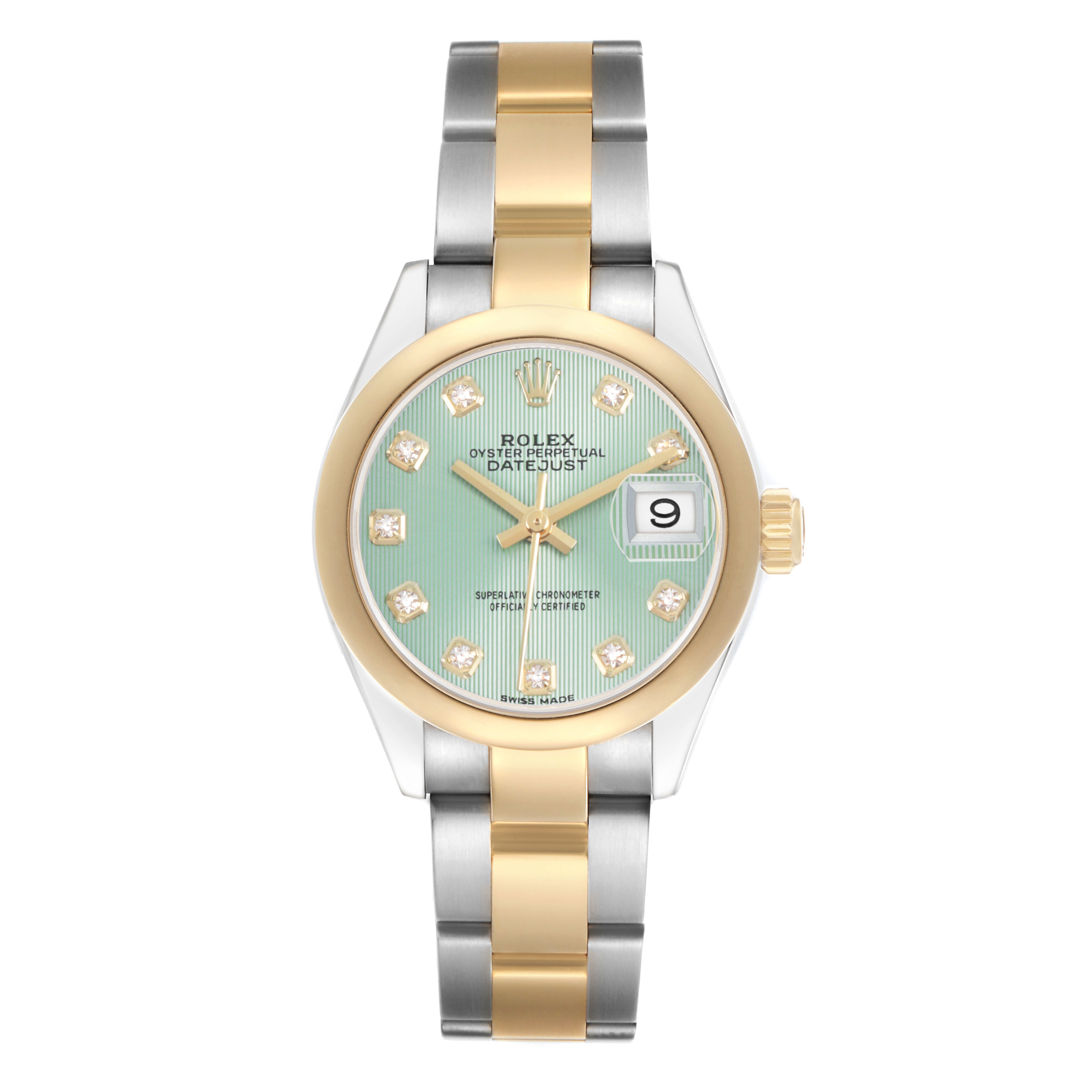 The Rolex Datejust 279163 Women's Steel and Gold (two tone) Green Dial watch is shown from a top-down angle featuring the dial, bezel, case, bracelet, and crown.