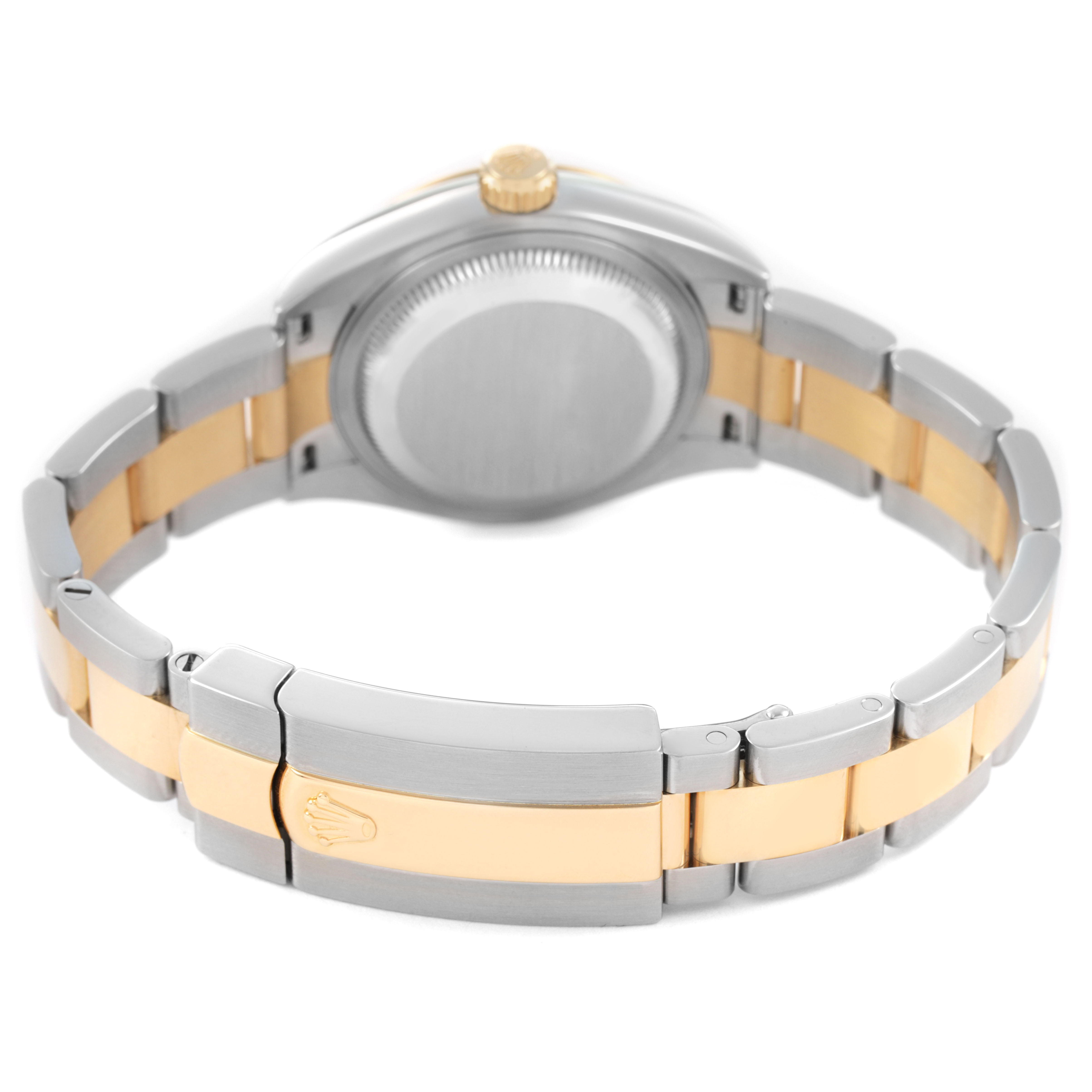 The image shows the back of a Rolex Datejust 279163 Women's Steel and Gold (two tone) Green Dial watch, highlighting its two-tone bracelet and clasp from a rear angle.