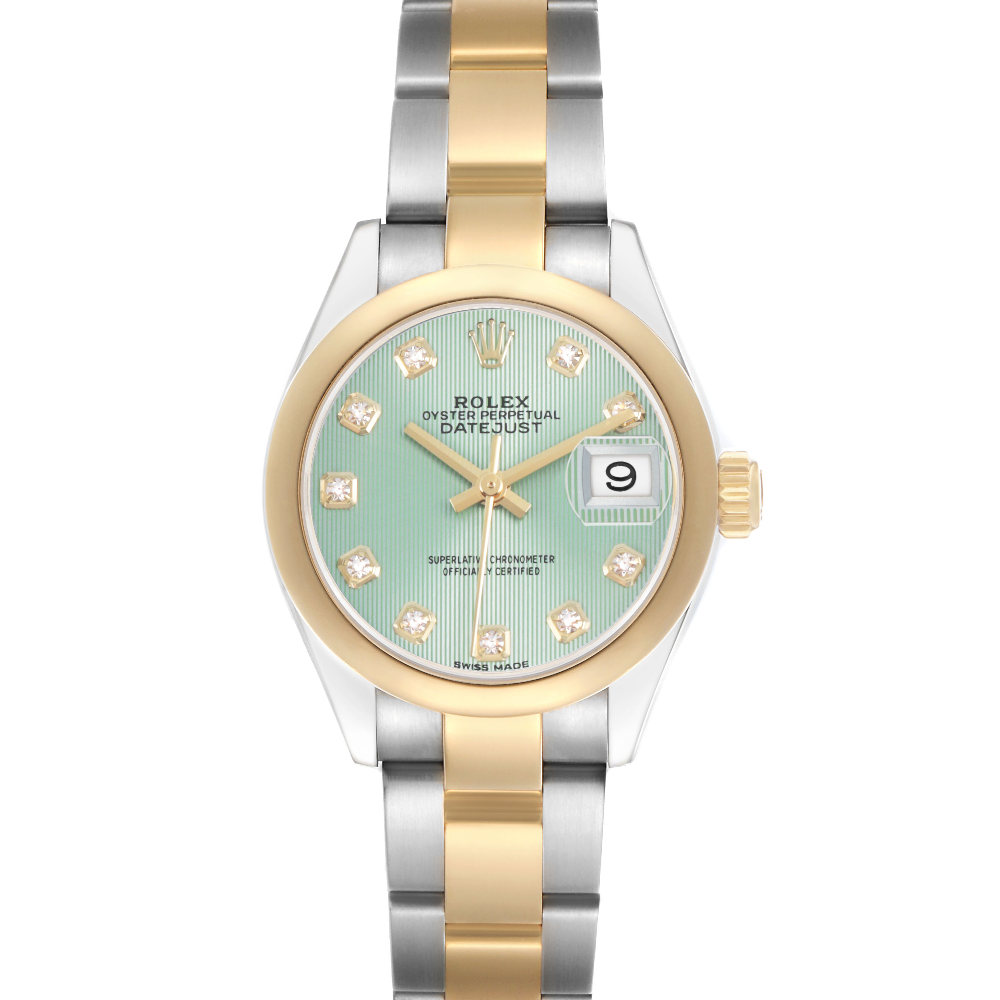The Rolex Datejust 279163 Women's Steel and Gold (two tone) Green Dial watch is shown from the front, highlighting its dial, markers, bezel, and two-tone bracelet.