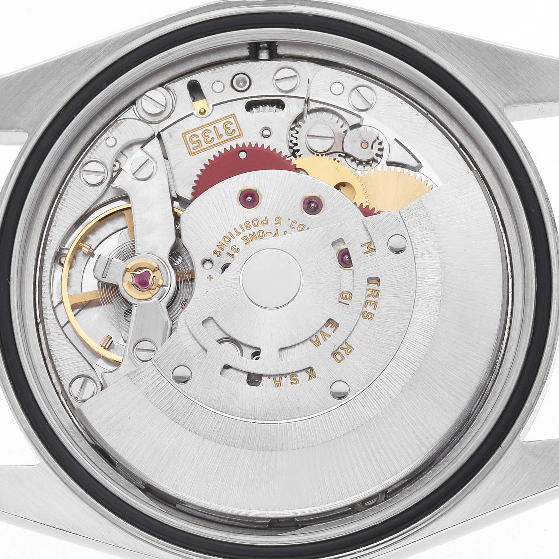The image shows the movement of a Rolex Datejust 16233 Men
s Steel and Gold (two tone) Beige Dial watch from the back, highlighting its intricate mechanical components.