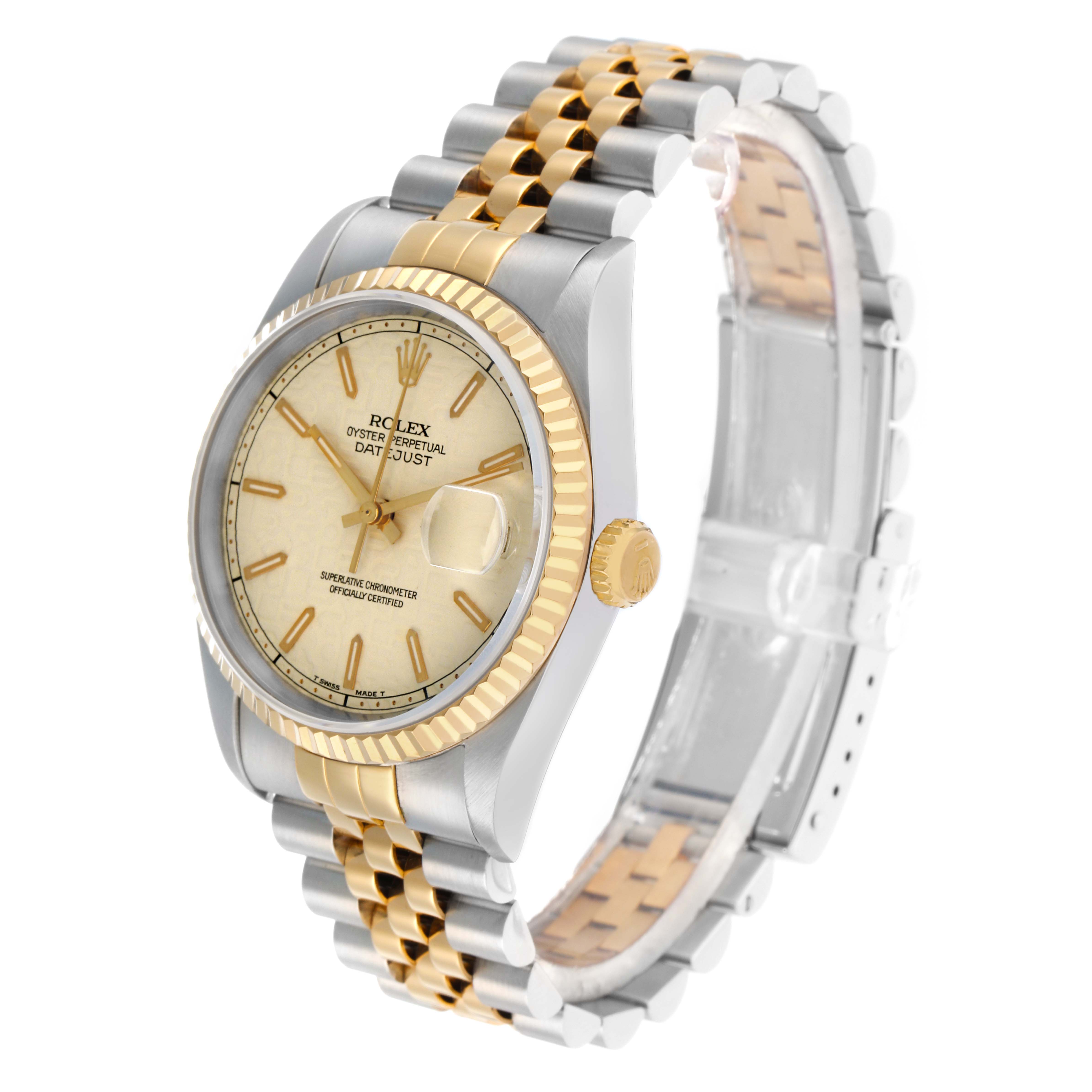 The Rolex Datejust 16233 Men
s Steel and Gold (two tone) Beige Dial watch is shown at a three-quarter angle, displaying its two-tone bracelet, bezel, and dial.