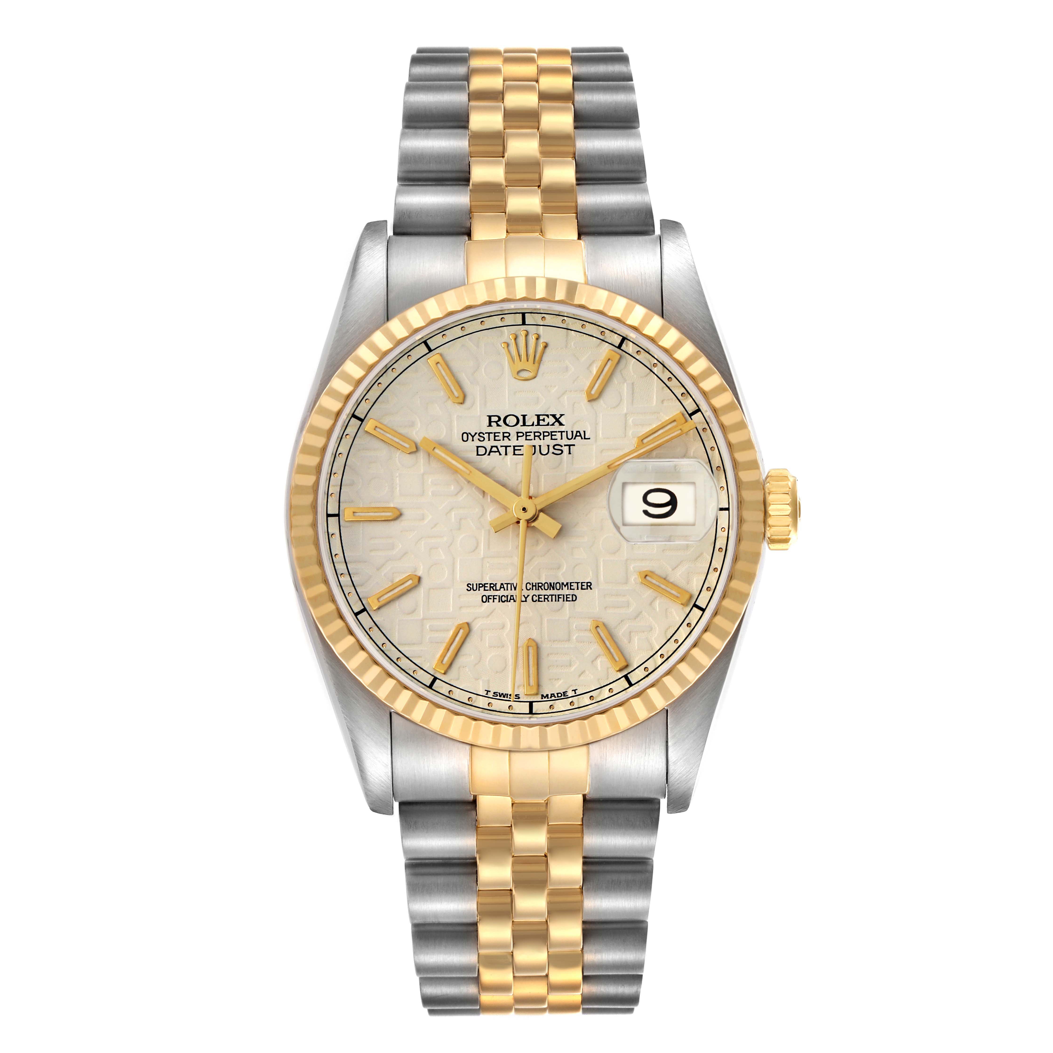 The Rolex Datejust 16233 Men
s Steel and Gold (two tone) Beige Dial watch is shown from the front, displaying the dial, bezel, and bracelet band.