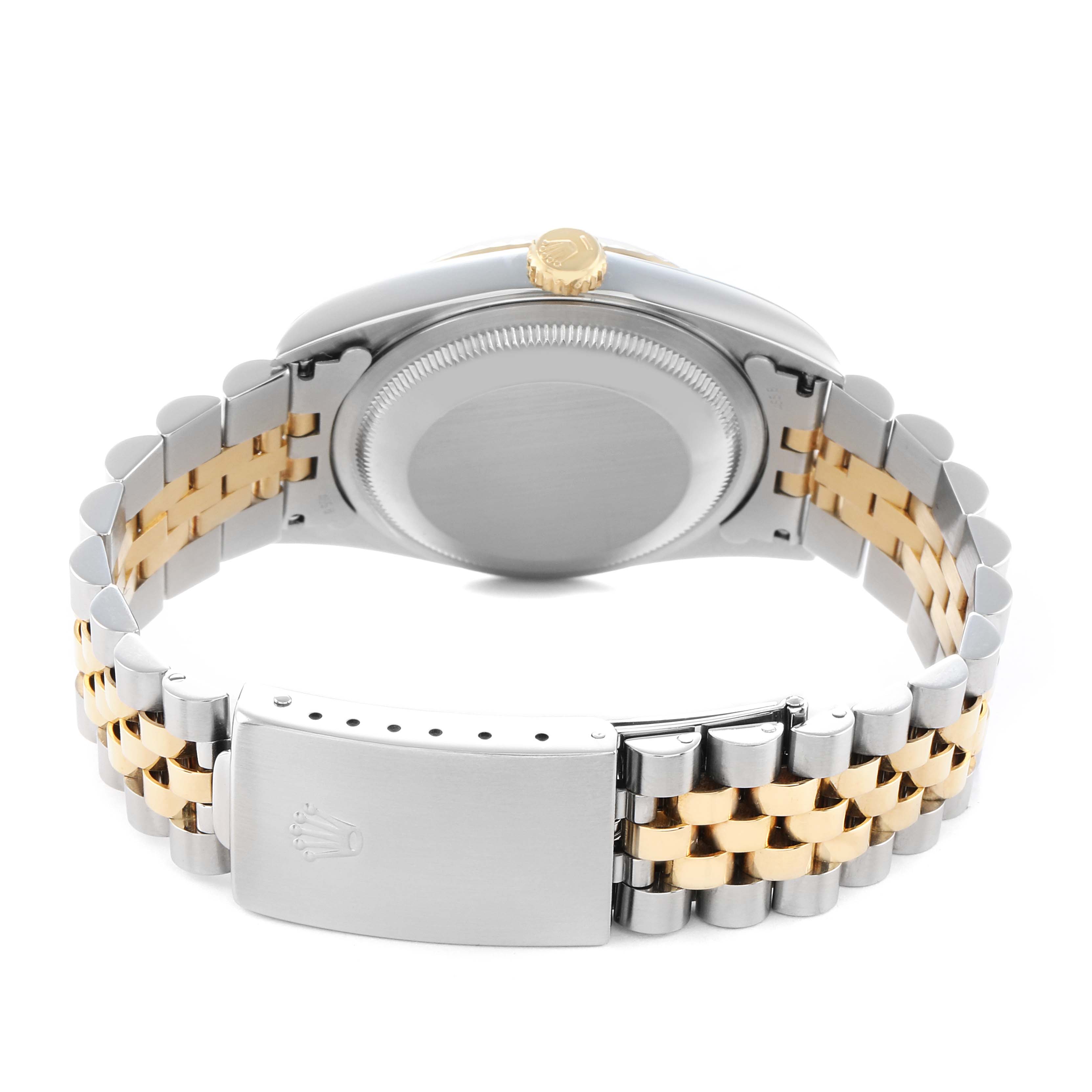 The image shows the back of a Rolex Datejust 16233 Men
s Steel and Gold (two tone) Beige Dial, highlighting the case back, crown, and two-tone bracelet with clasp.