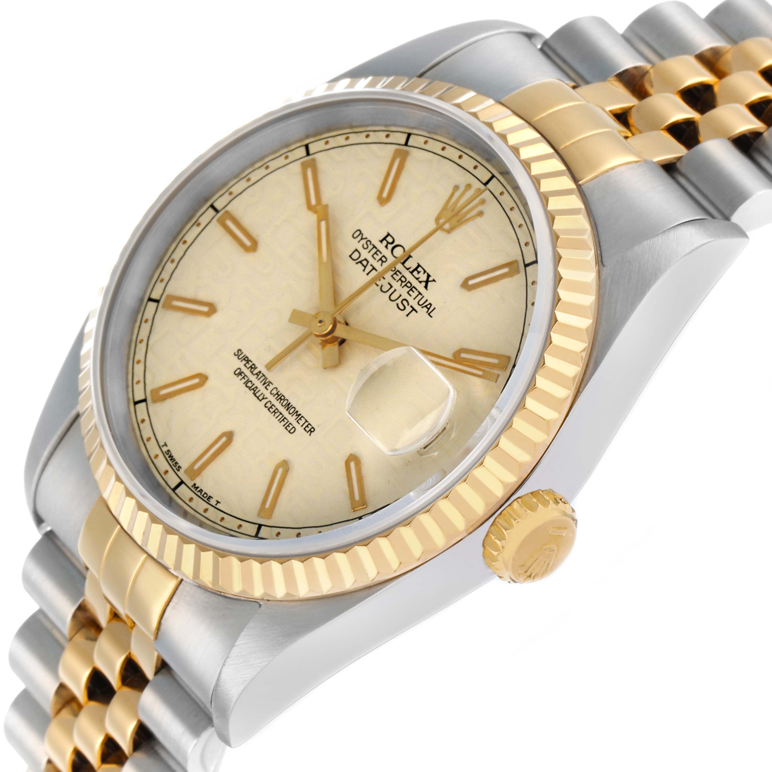 The Rolex Datejust 16233 Men
s Steel and Gold (two tone) Beige Dial watch is shown at a tilted angle, highlighting the dial, bezel, crown, and part of the bracelet.