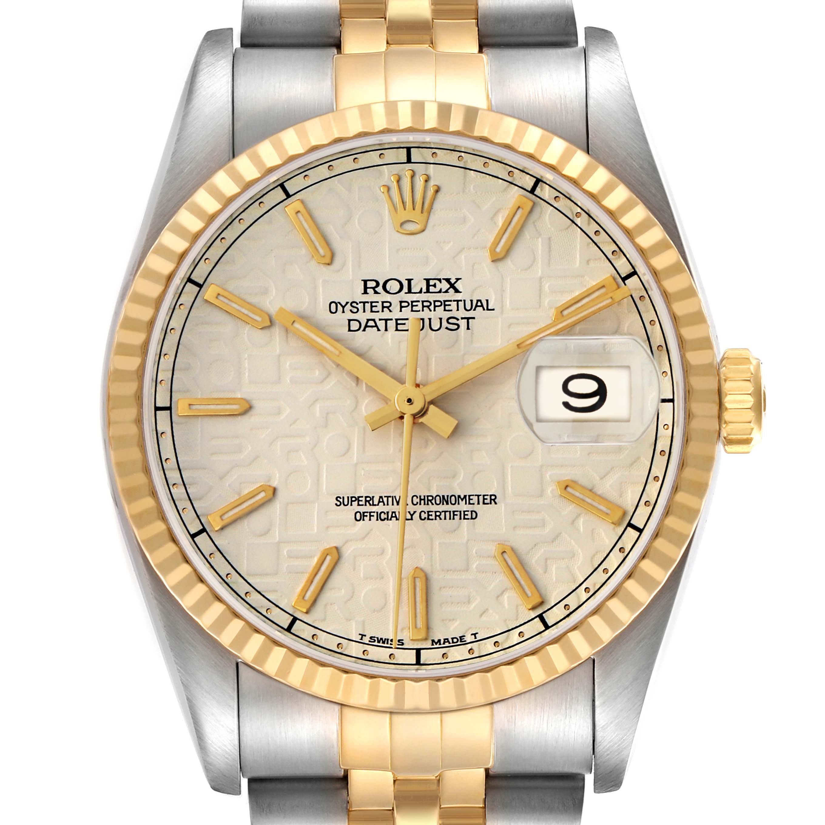 The Rolex Datejust 16233 Men
s Steel and Gold (two tone) Beige Dial watch is shown from the front, displaying the dial, hands, bezel, crown, and part of the bracelet.