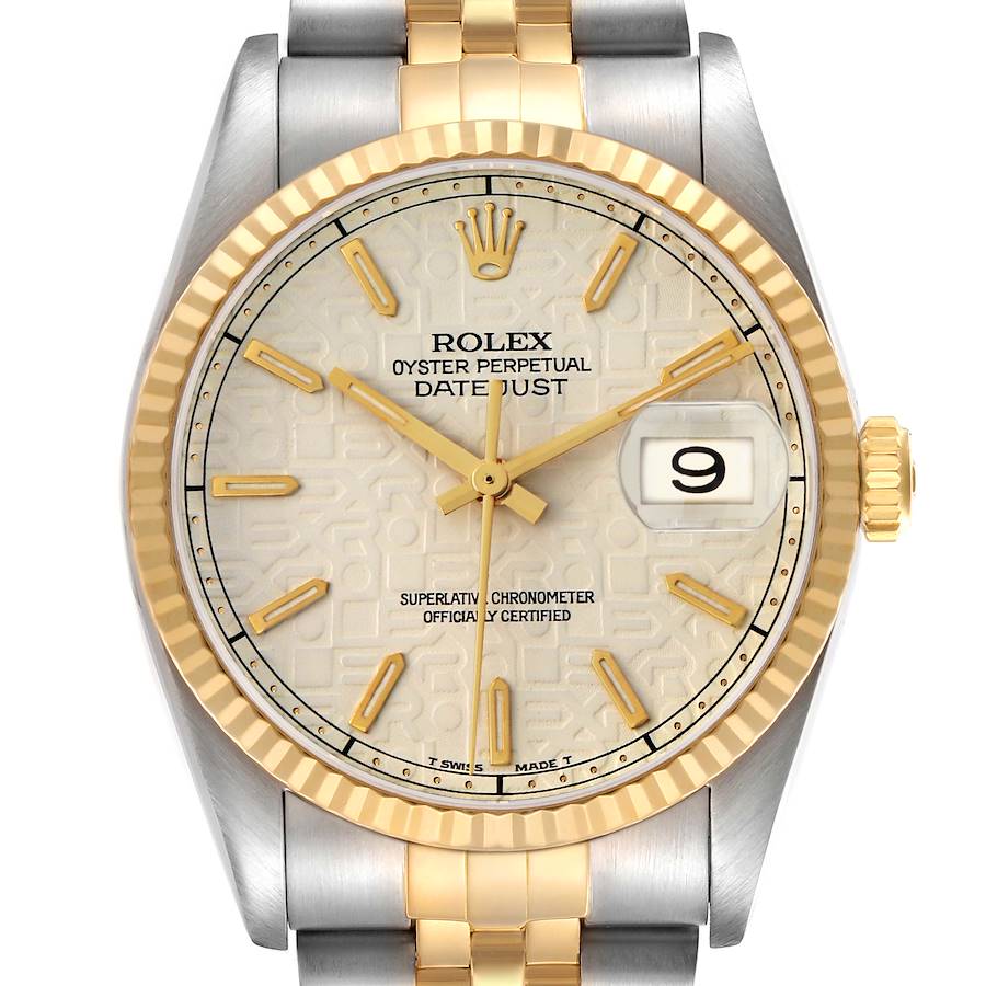 The Rolex Datejust 16233 Men's Steel and Gold (two tone) Beige Dial watch is shown from the front, displaying the dial, hands, bezel, crown, and part of the bracelet.
