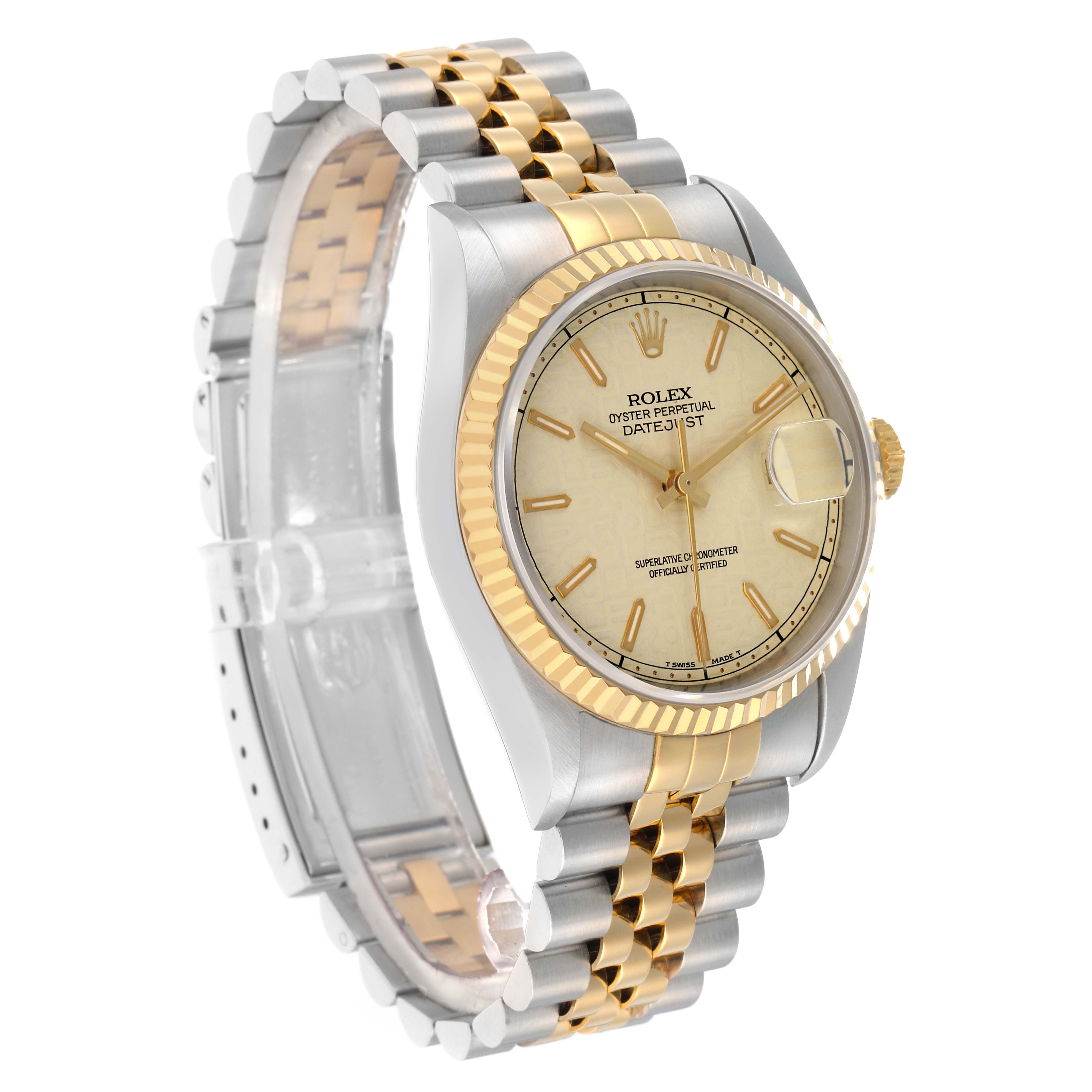 The Rolex Datejust 16233 Men
s Steel and Gold (two tone) Beige Dial watch is shown at a three-quarter angle, displaying the dial, fluted bezel, and two-tone Jubilee bracelet.