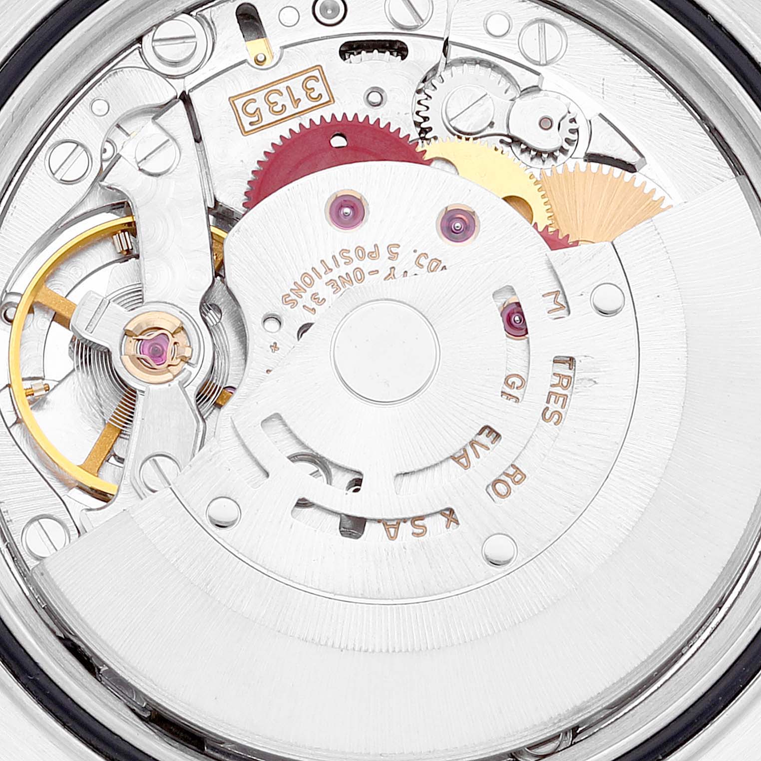 This image shows the intricate internal movement mechanism of the Rolex Datejust 16233 Men's Steel and Gold (two tone) Beige Dial 16233 Men's Steel and Gold (two tone) Beige Dial watch, viewed from the back.