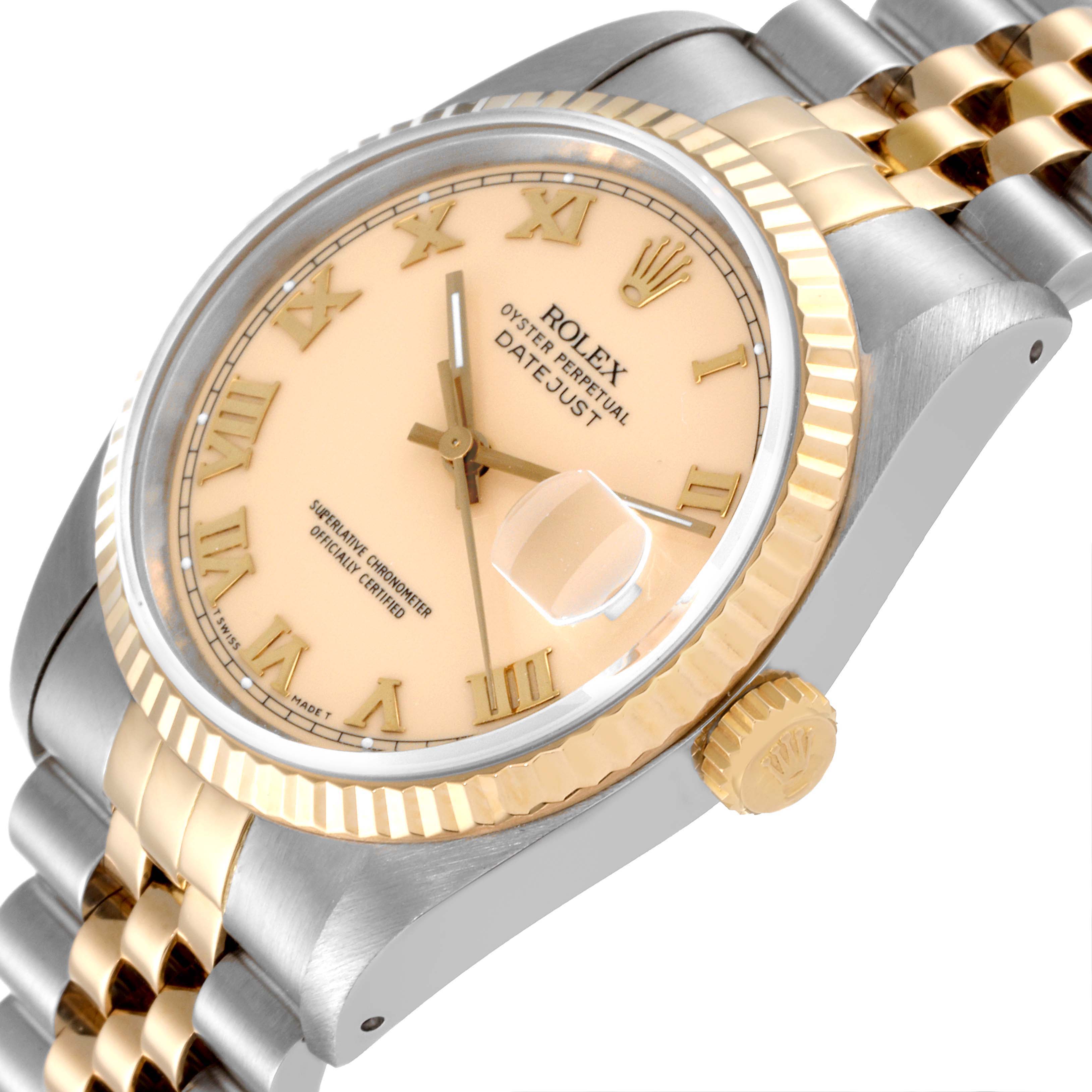 The image shows a close-up angled view of a Rolex Datejust 16233 Men's Steel and Gold (two tone) Beige Dial 16233 Men's Steel and Gold (two tone) Beige Dial watch, highlighting its dial, bezel, and crown.