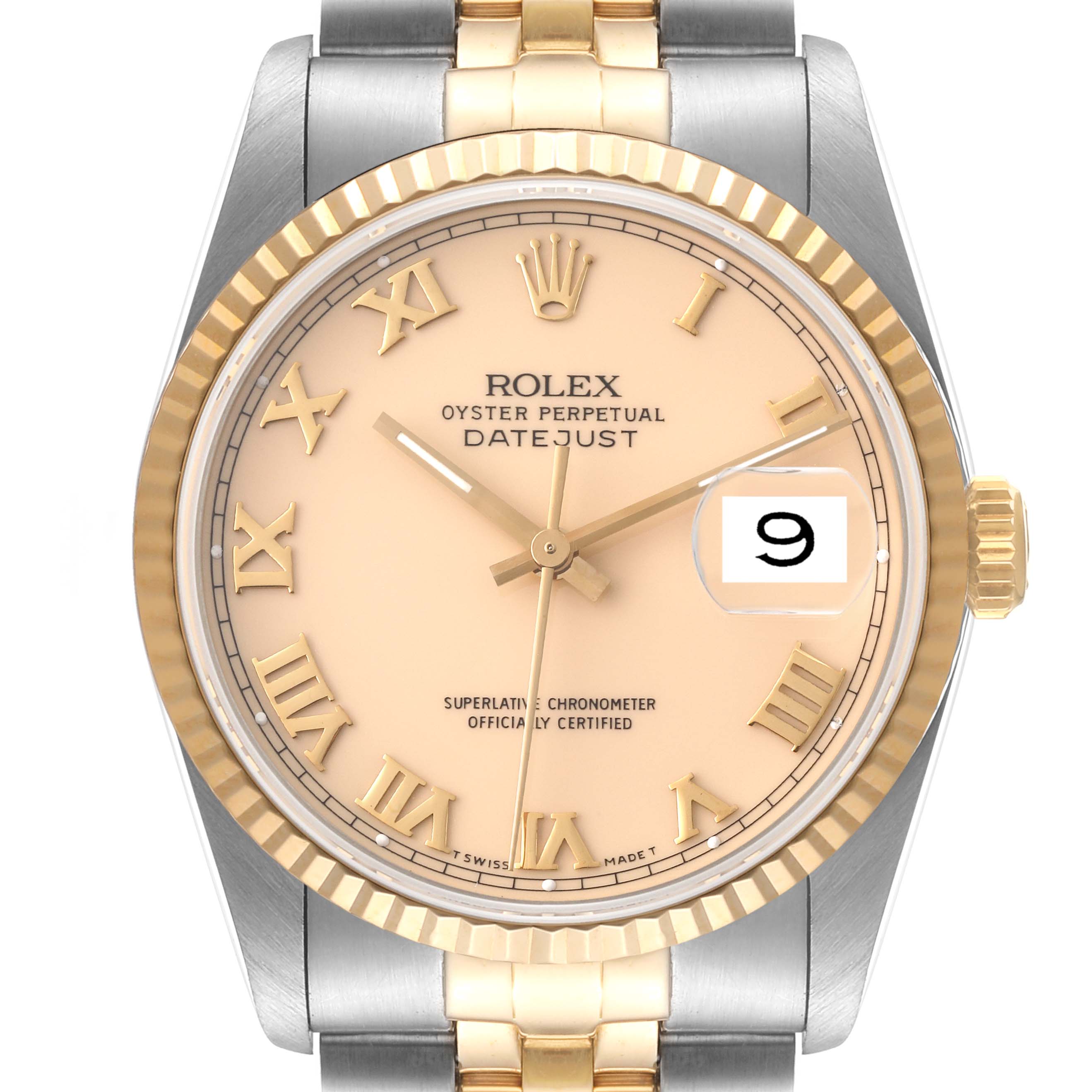 The image shows a Rolex Datejust 16233 Men's Steel and Gold (two tone) Beige Dial 16233 Men's Steel and Gold (two tone) Beige Dial watch face and part of the bracelet, highlighting Roman numerals, a two-tone design, and a date display.