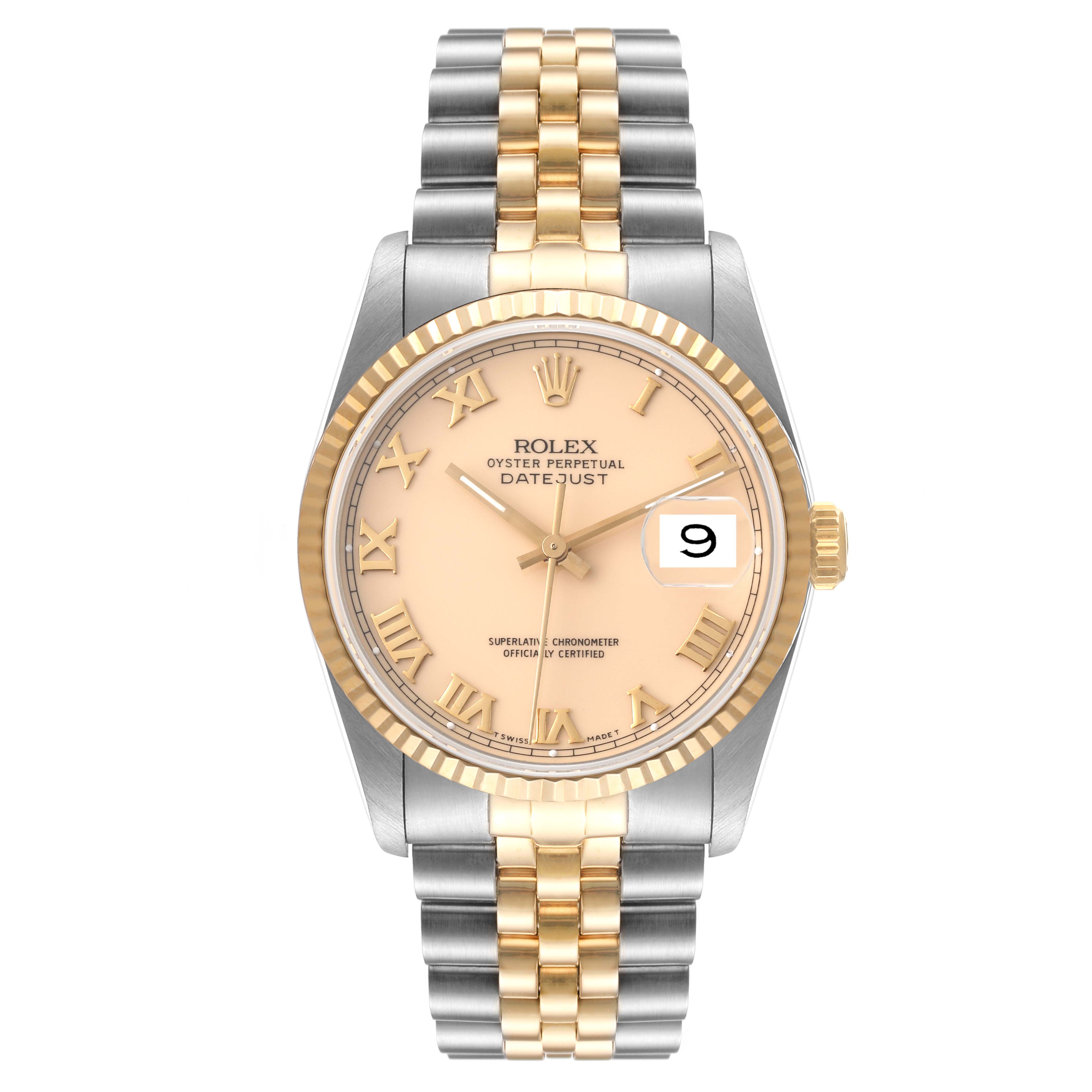 The Rolex Datejust 16233 Men's Steel and Gold (two tone) Beige Dial 16233 Men's Steel and Gold (two tone) Beige Dial watch is shown from a front angle, displaying the dial, bezel, and two-tone bracelet.