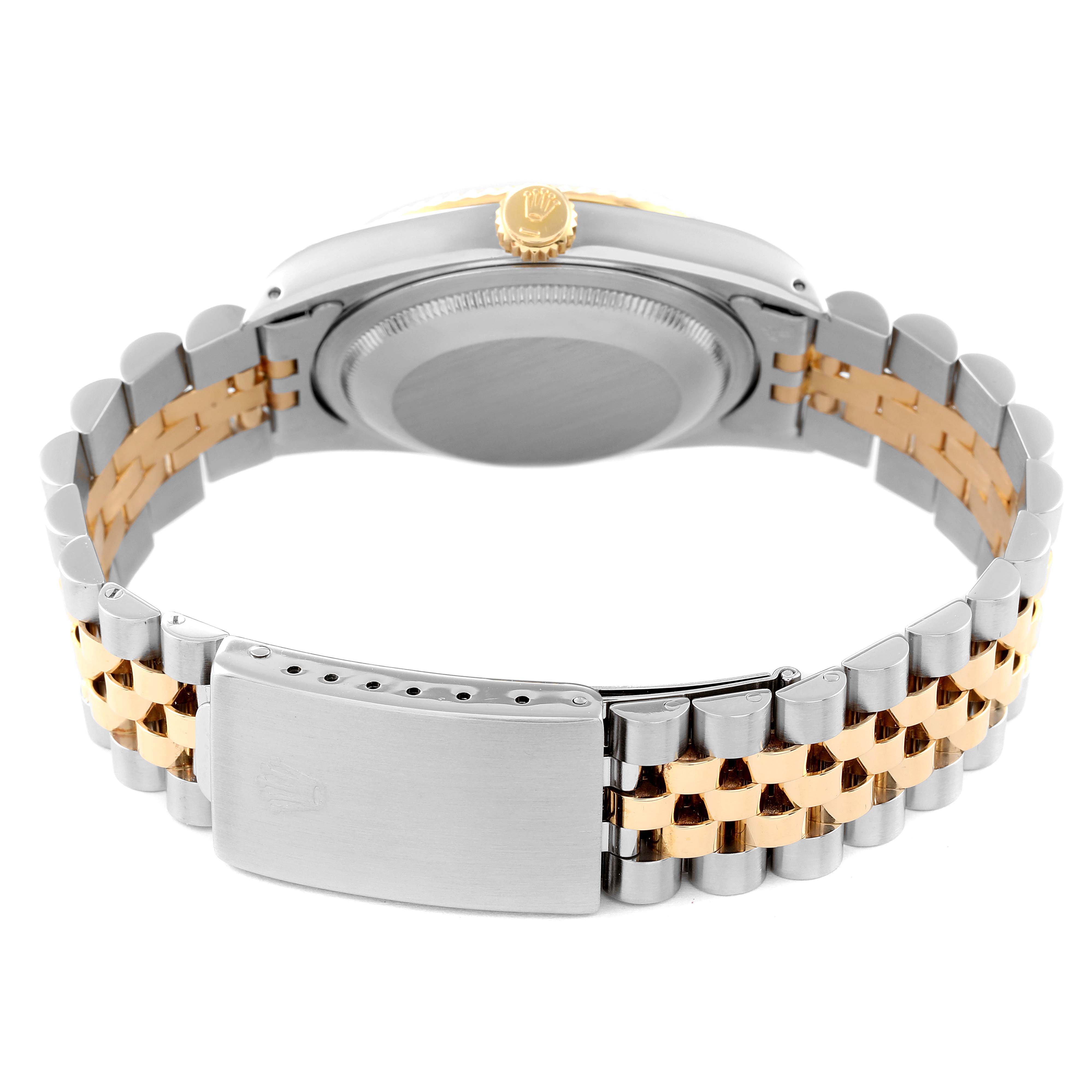 This image shows the back of a Rolex Datejust 16233 Men's Steel and Gold (two tone) Beige Dial 16233 Men's Steel and Gold (two tone) Beige Dial watch, highlighting the clasp and bracelet.