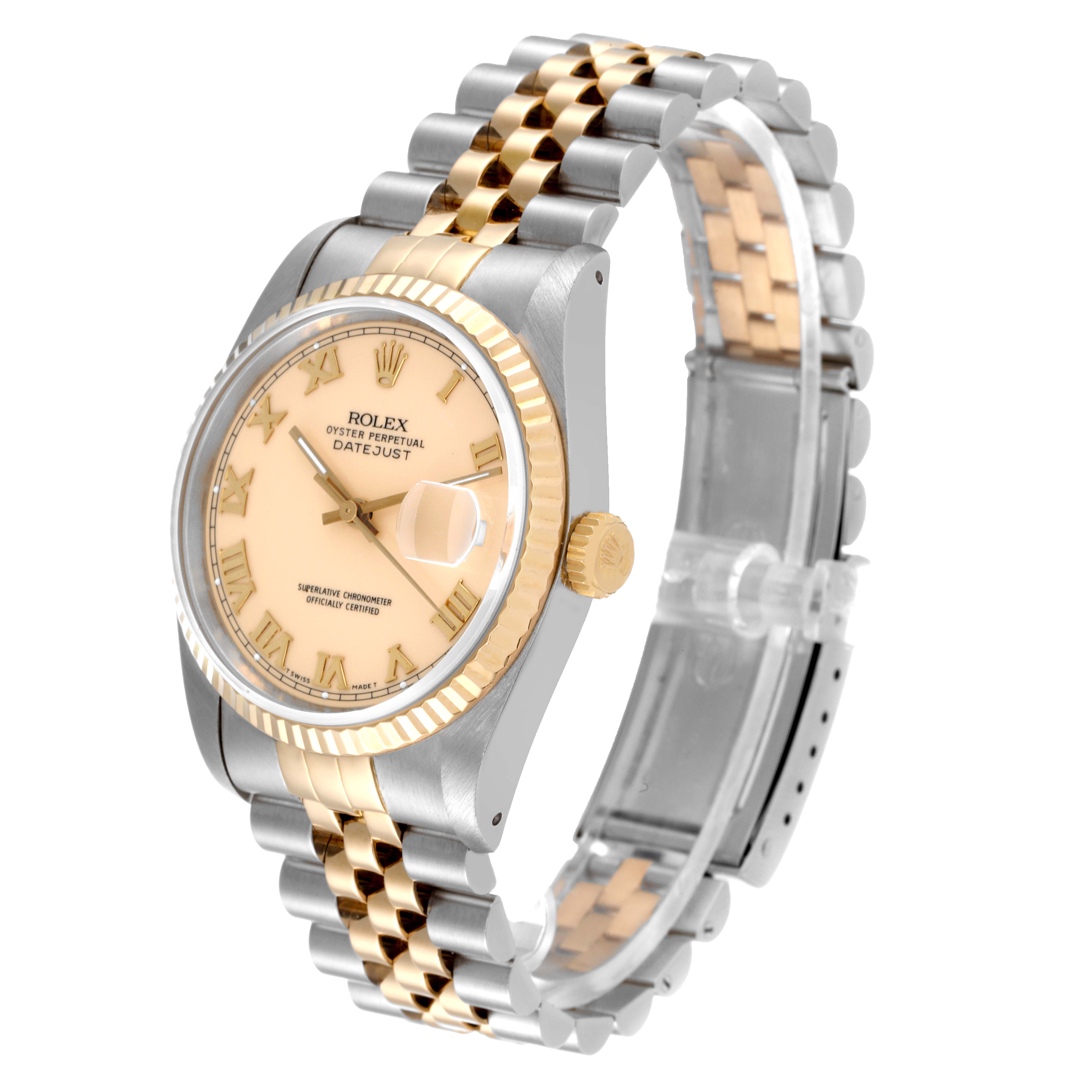 The image shows a side angle of a Rolex Datejust 16233 Men's Steel and Gold (two tone) Beige Dial 16233 Men's Steel and Gold (two tone) Beige Dial watch, displaying its face, bezel, crown, and two-tone bracelet.