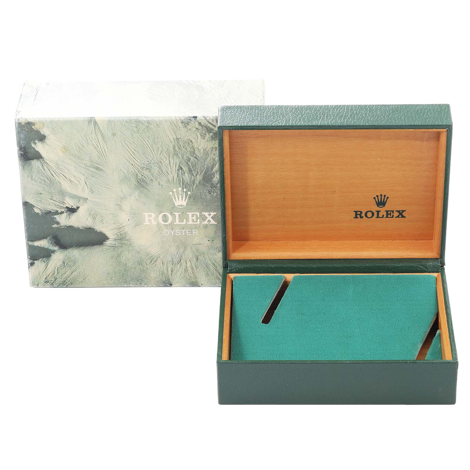 The image shows an empty, open Rolex Datejust 16233 Men's Steel and Gold (two tone) Beige Dial 16233 Men's Steel and Gold (two tone) Beige Dial watch box and its outer packaging from a front angle.