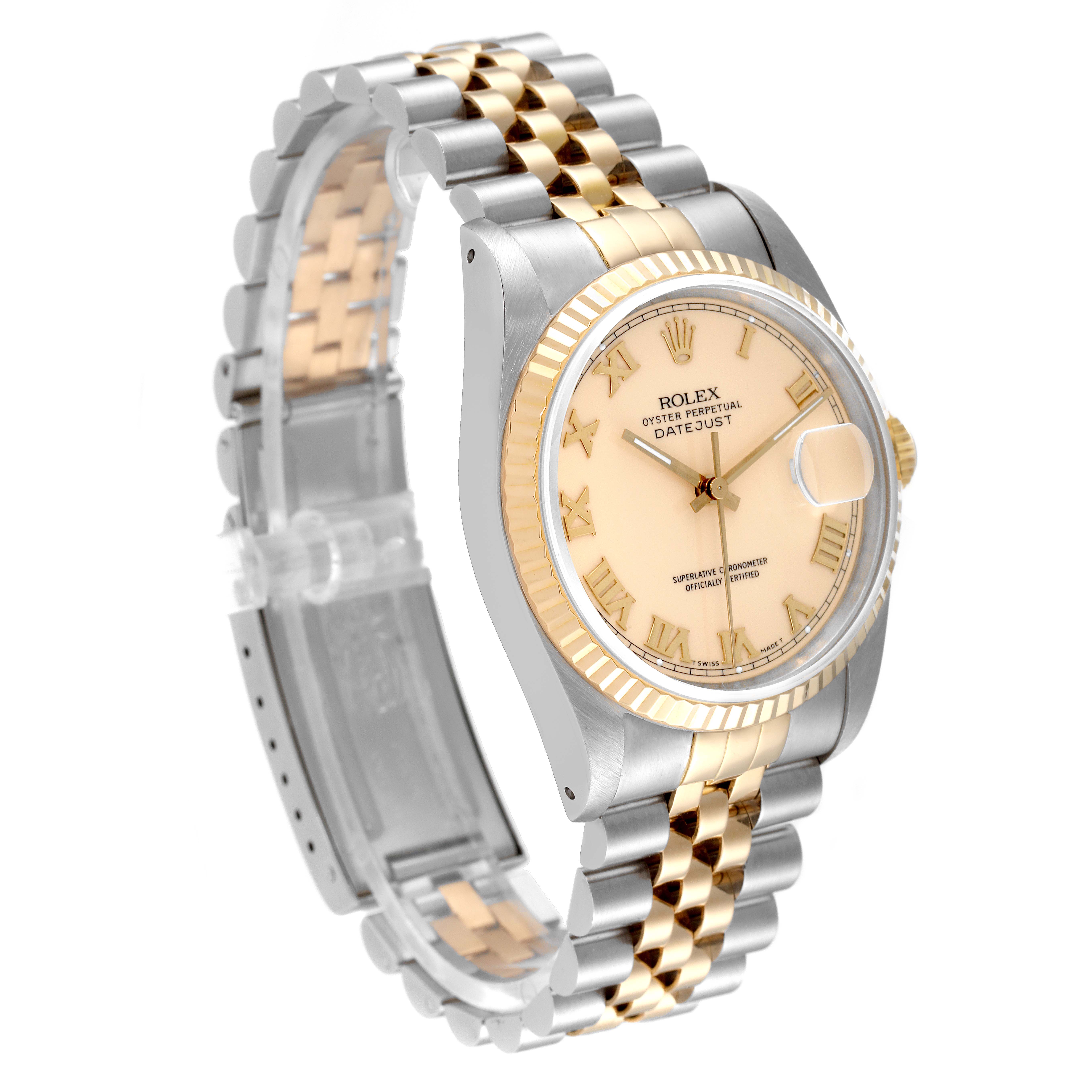 The Rolex Datejust 16233 Men's Steel and Gold (two tone) Beige Dial 16233 Men's Steel and Gold (two tone) Beige Dial watch is shown at a three-quarter angle, highlighting the bracelet, dial, and case.