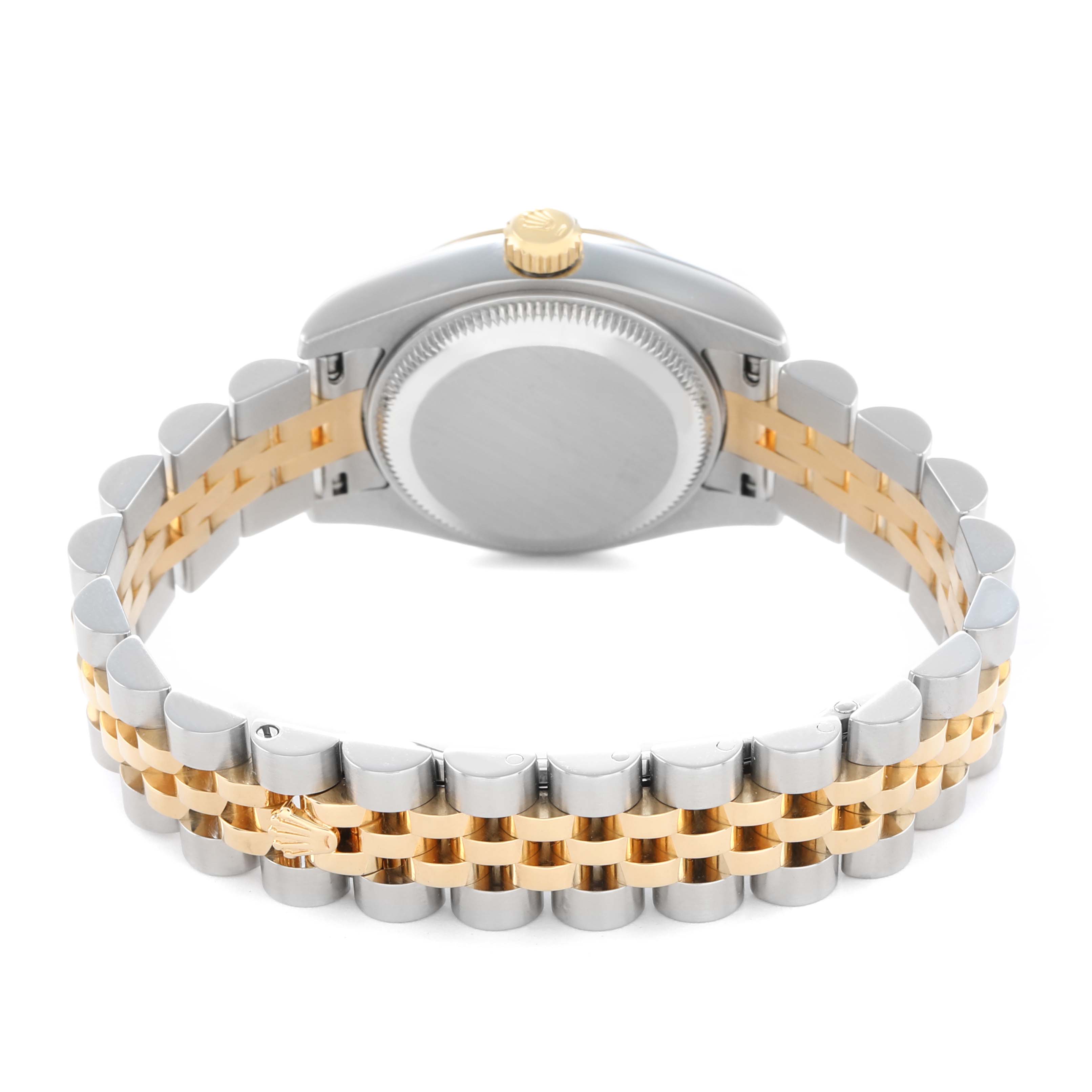 The image shows the back of a Rolex Datejust 179173 Women
s Steel and Gold (two tone) Red Dial, highlighting the case back and two-tone bracelet from a rear angle.