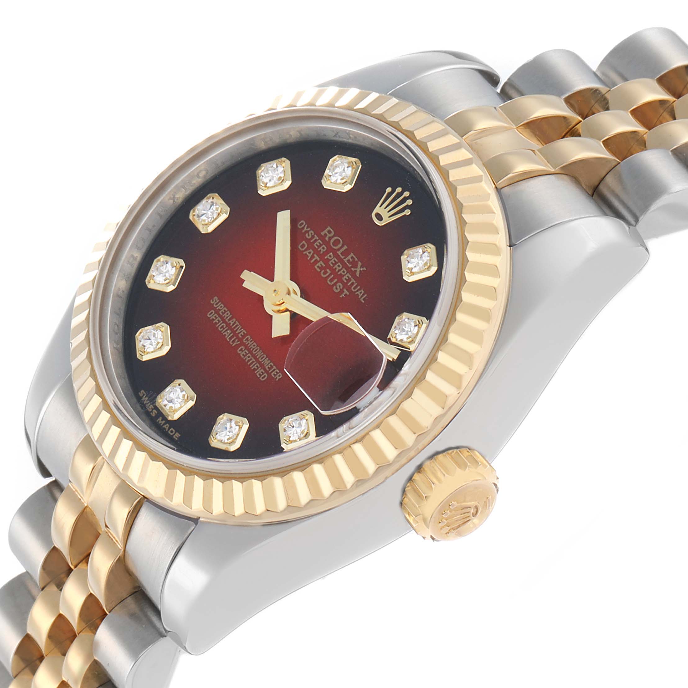 The Rolex Datejust 179173 Women
s Steel and Gold (two tone) Red Dial watch is shown angled from the front and side, highlighting the dial, bezel, and part of the bracelet.