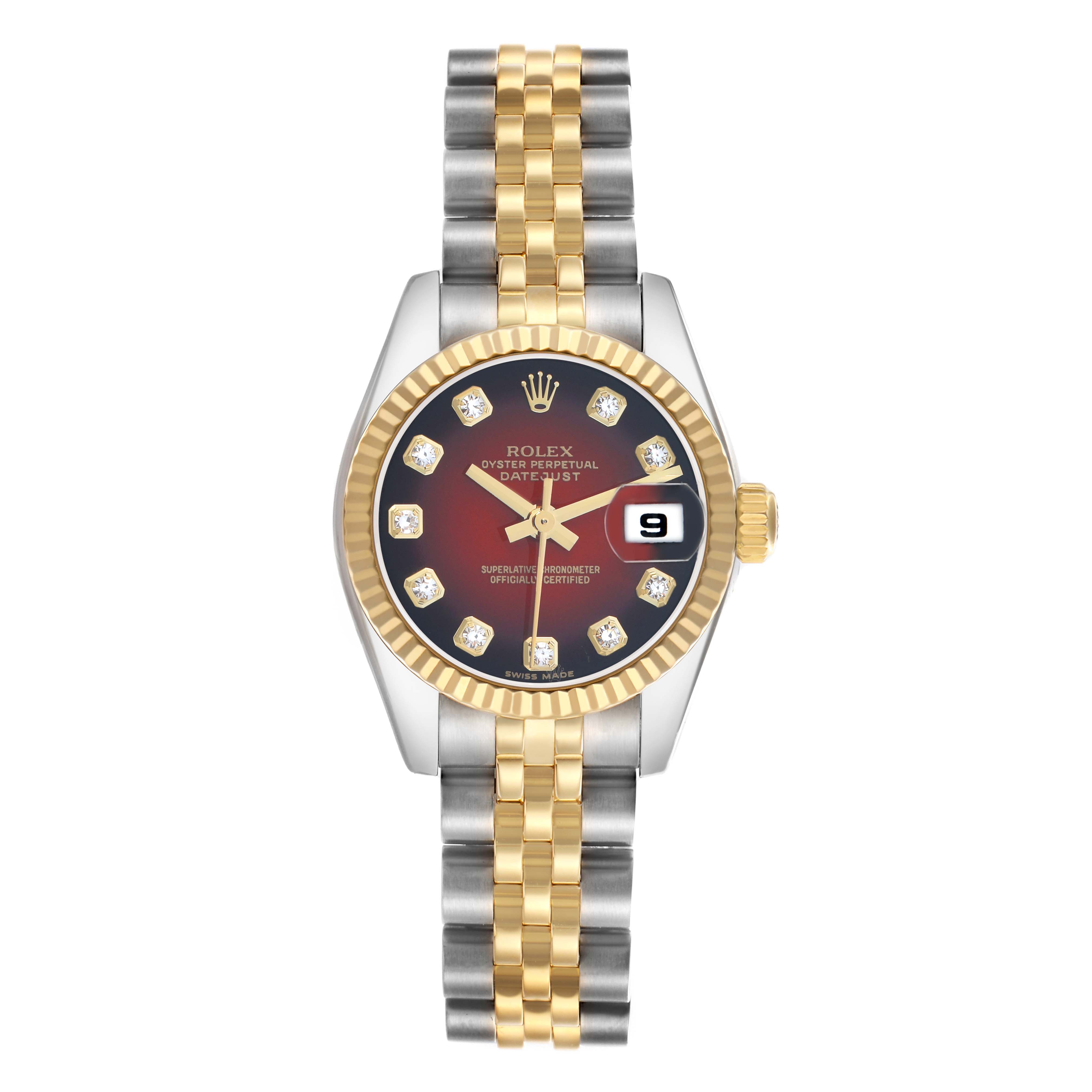 The Rolex Datejust 179173 Women
s Steel and Gold (two tone) Red Dial watch is shown from a top-down angle, highlighting its dial, bezel, bracelet, and date feature.