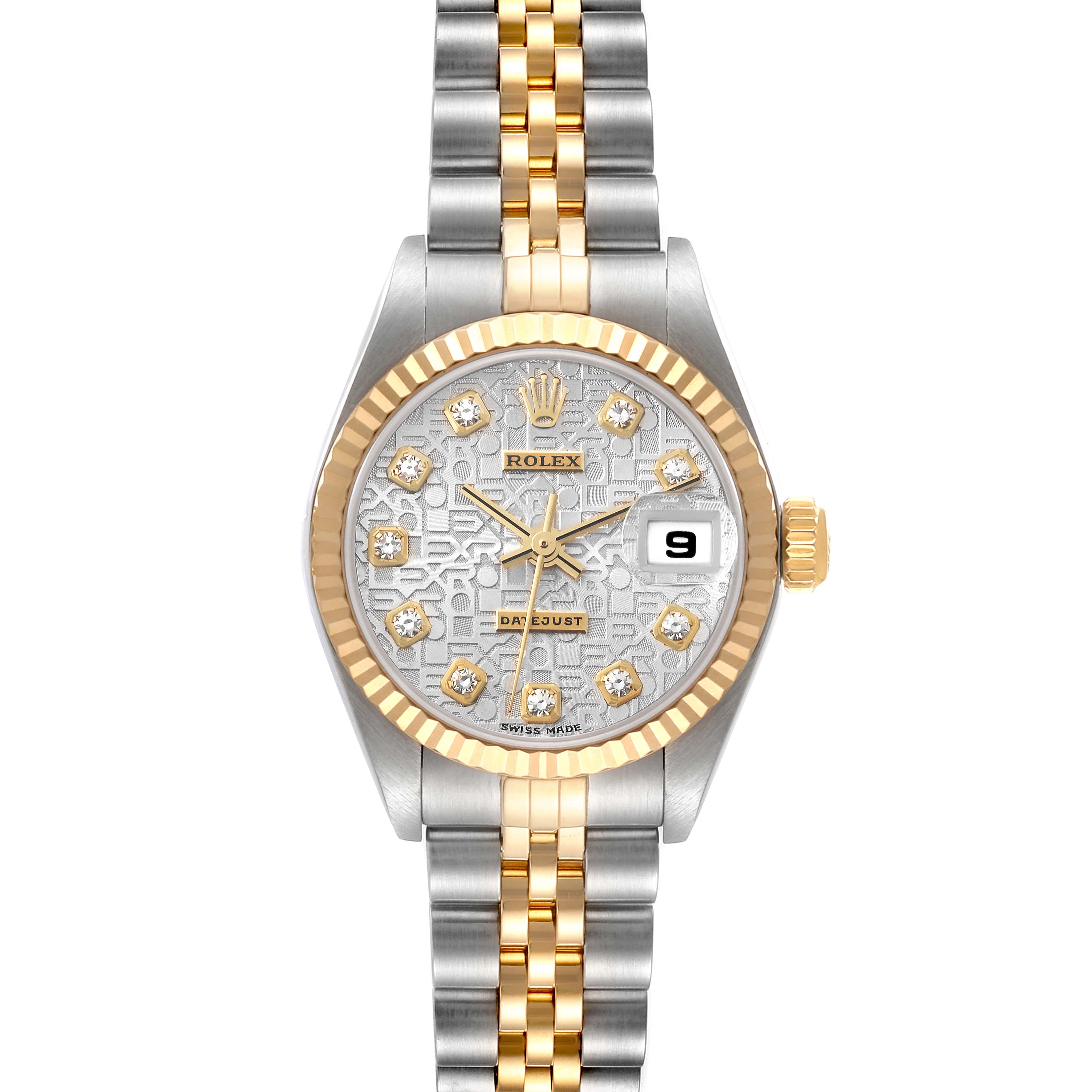 The image shows a front view of a Rolex Datejust 79173 Women's Steel and Gold (two tone) Silver Dial 79173 Women's Steel and Gold (two tone) Silver Dial watch, featuring a two-tone metal bracelet, diamond markers, and a date window.